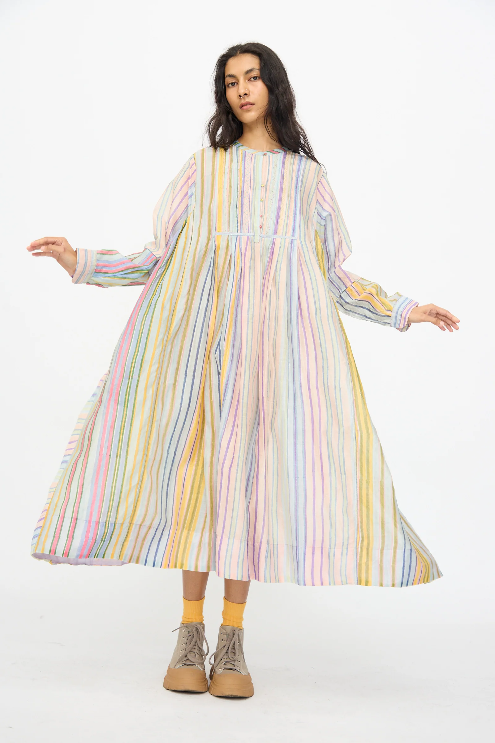 Blockprint Chanderi Trumpet Dress in Multi Stripe - Image 5