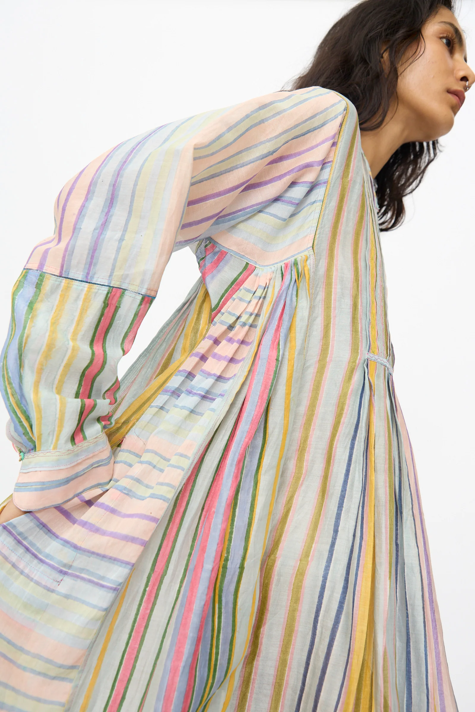 Blockprint Chanderi Trumpet Dress in Multi Stripe - Image 6