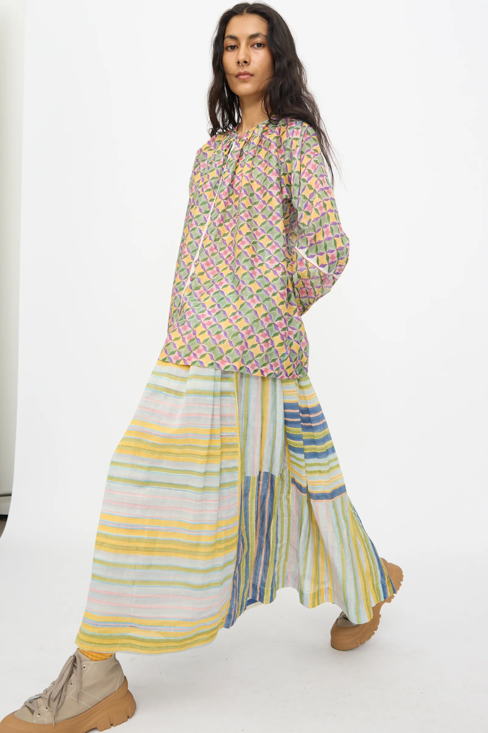 Blockprint Chanderi Zamila Skirt in Green Multi - Image 4