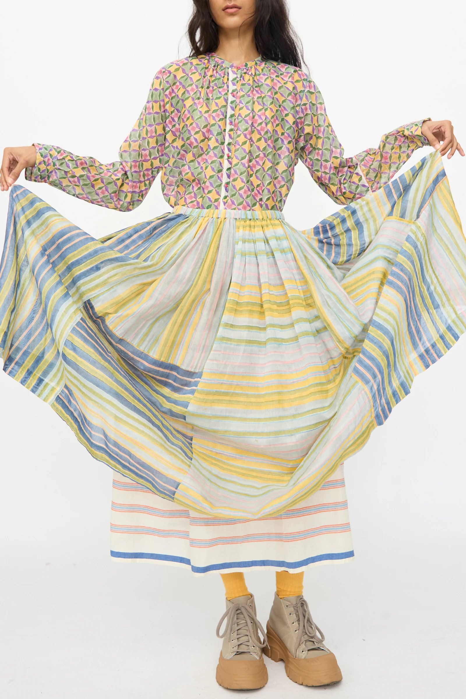 Blockprint Chanderi Zamila Skirt in Green Multi - Image 5