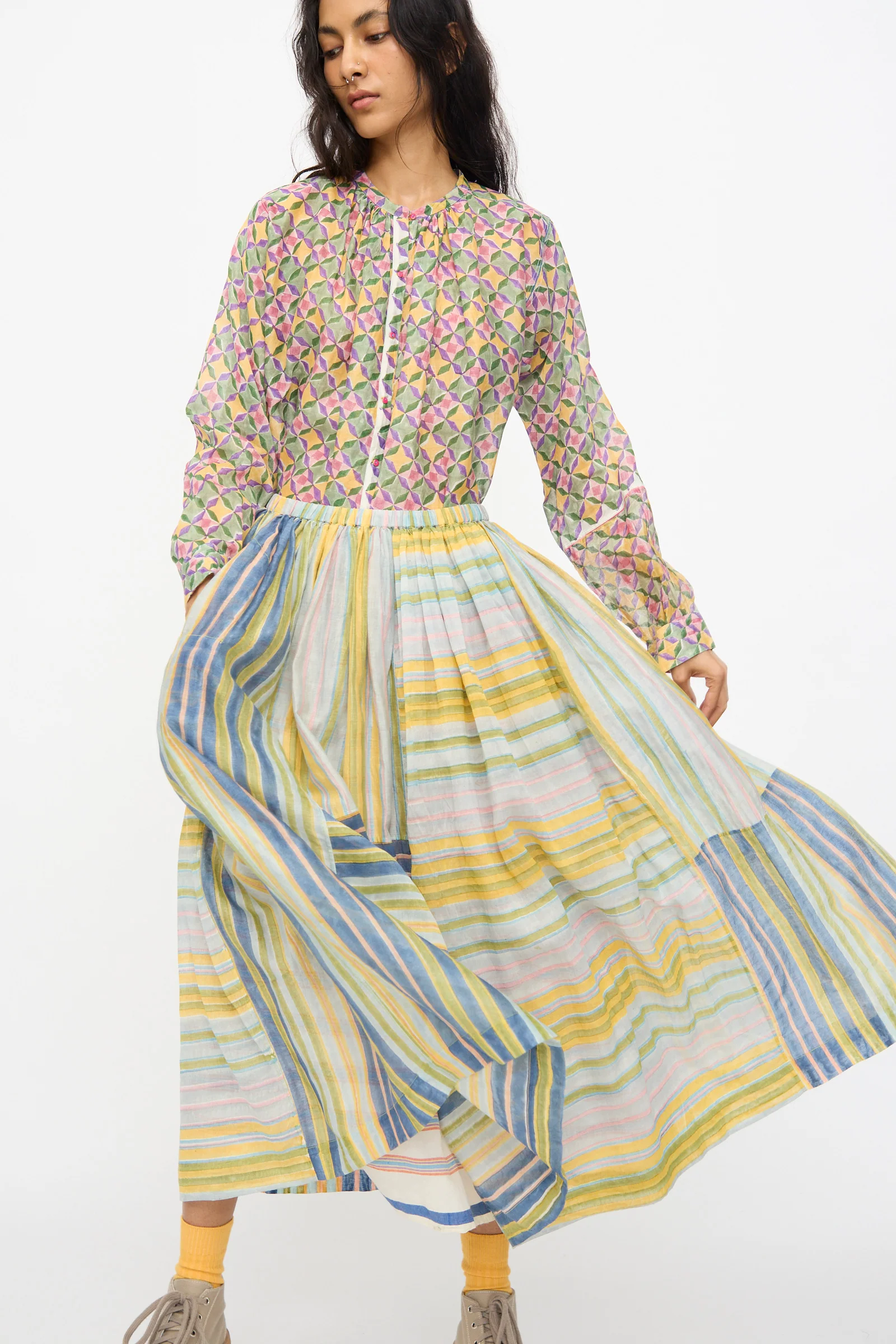 Blockprint Chanderi Zamila Skirt in Green Multi - Image 7