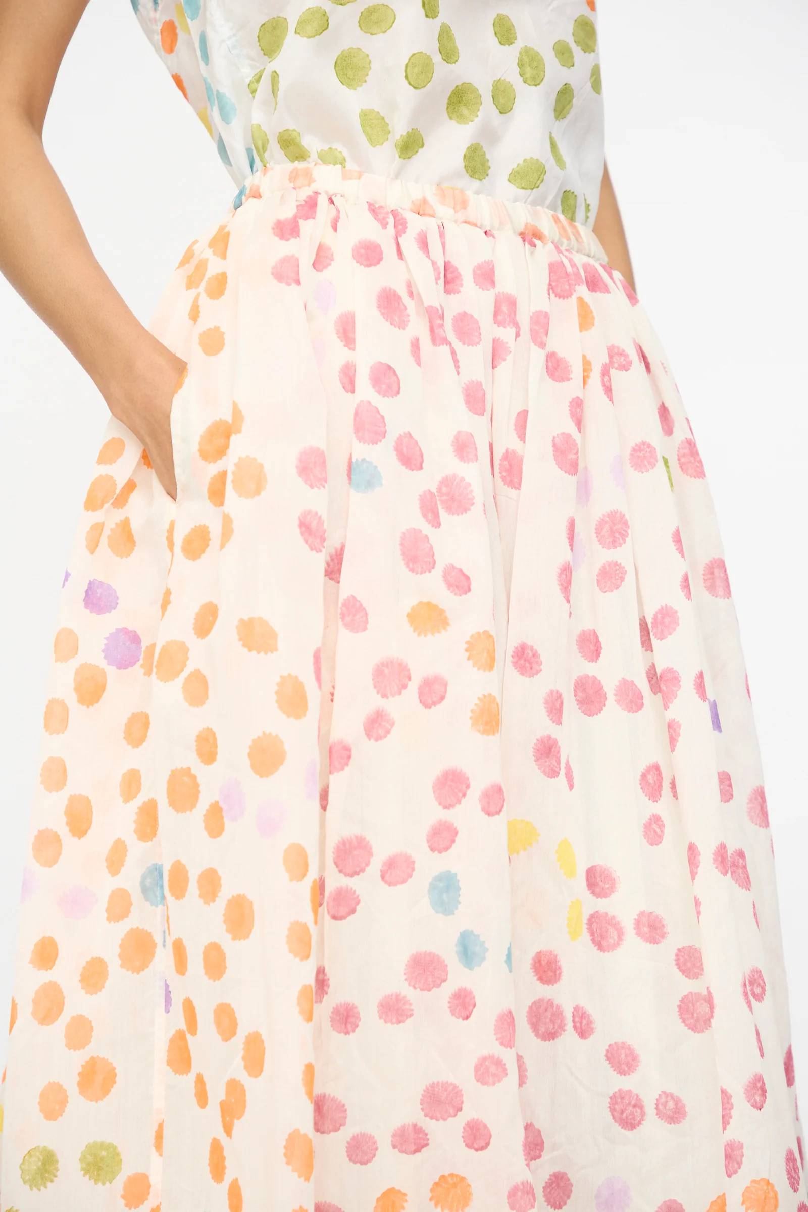Blockprint Silk Cotton Zamila Skirt in White Dot Multi - Image 3