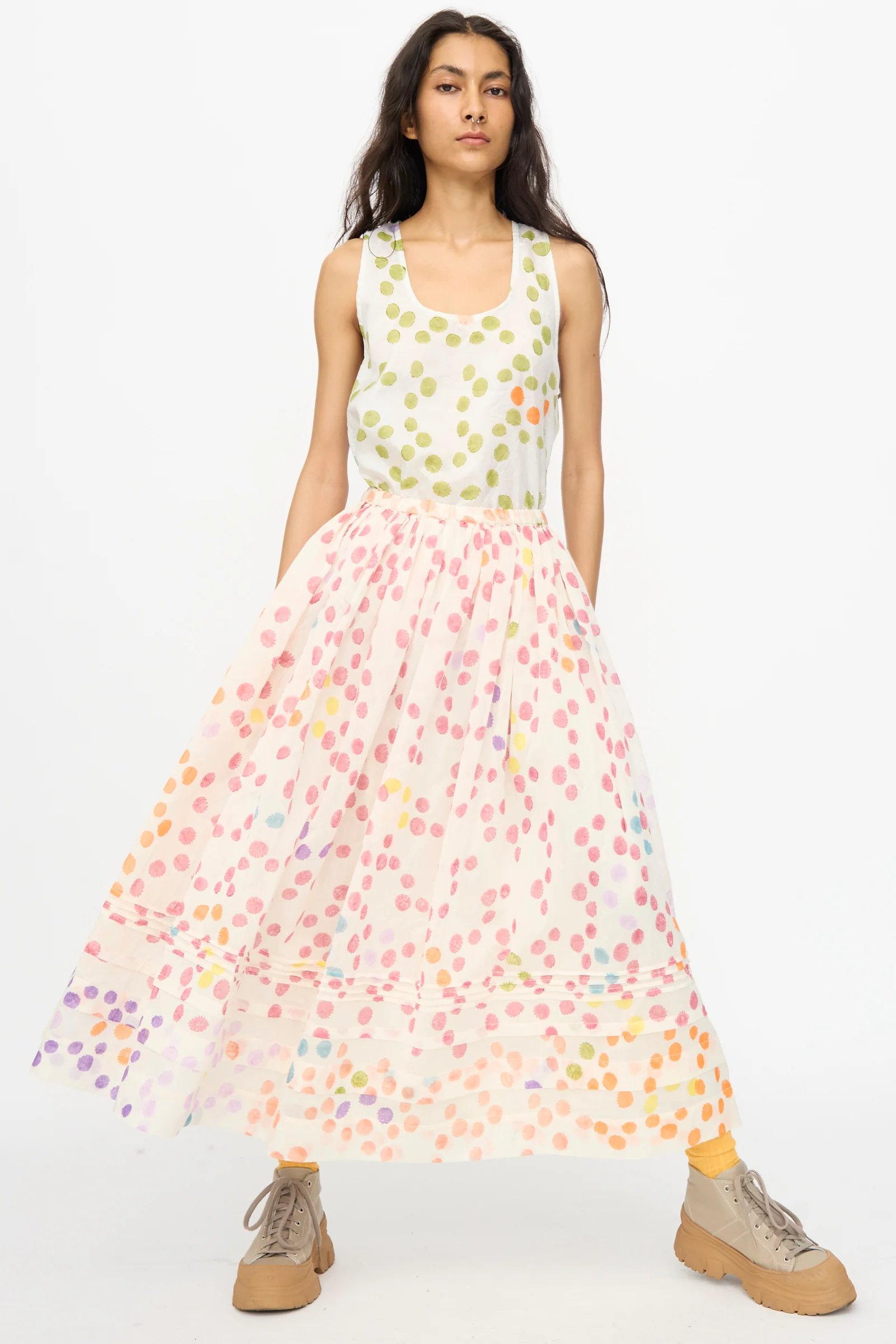 Blockprint Silk Cotton Zamila Skirt in White Dot Multi - Image 4