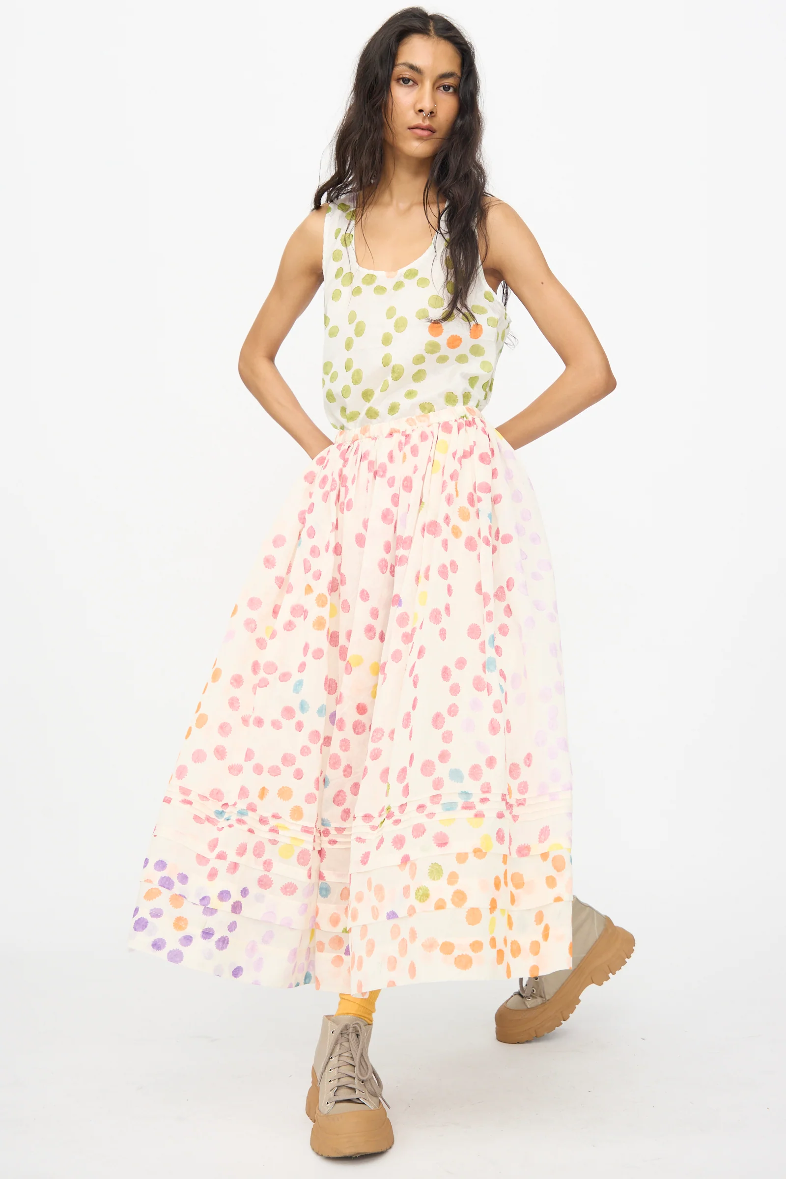 Blockprint Silk Cotton Zamila Skirt in White Dot Multi - Image 8