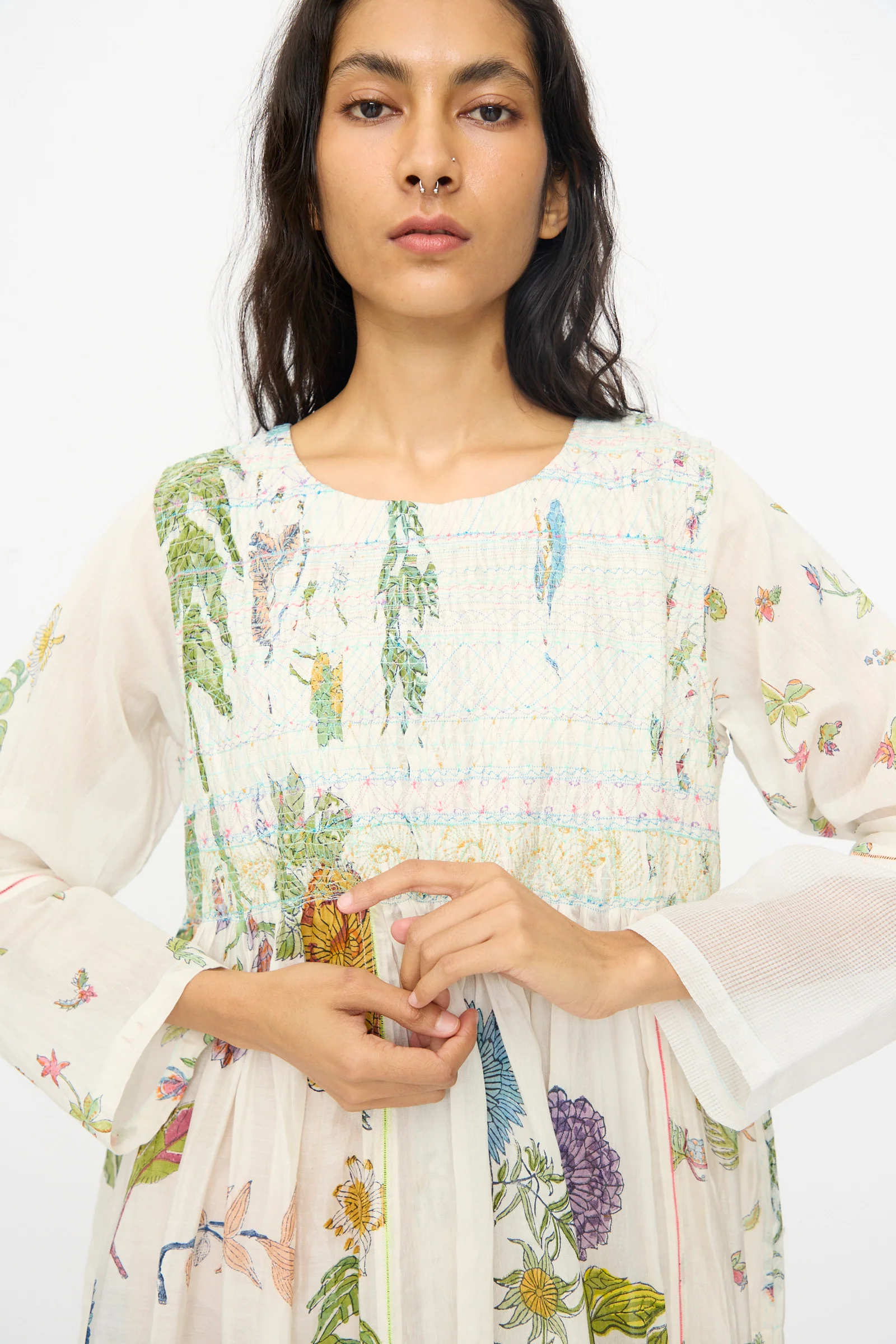 Cotton Silk Blockprint Nazma Dress in White - Image 3