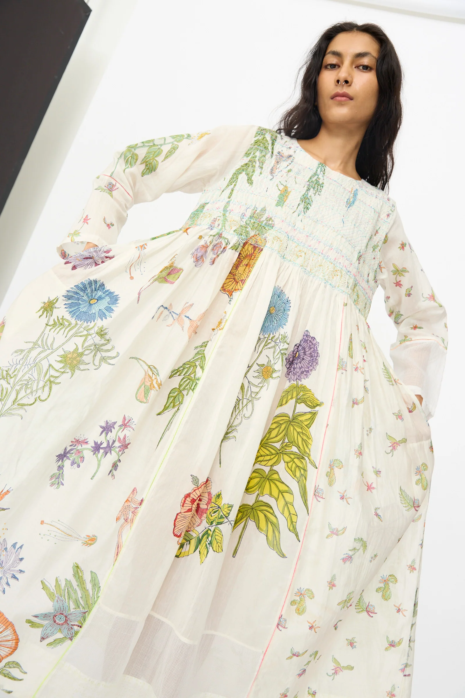 Cotton Silk Blockprint Nazma Dress in White - Image 5