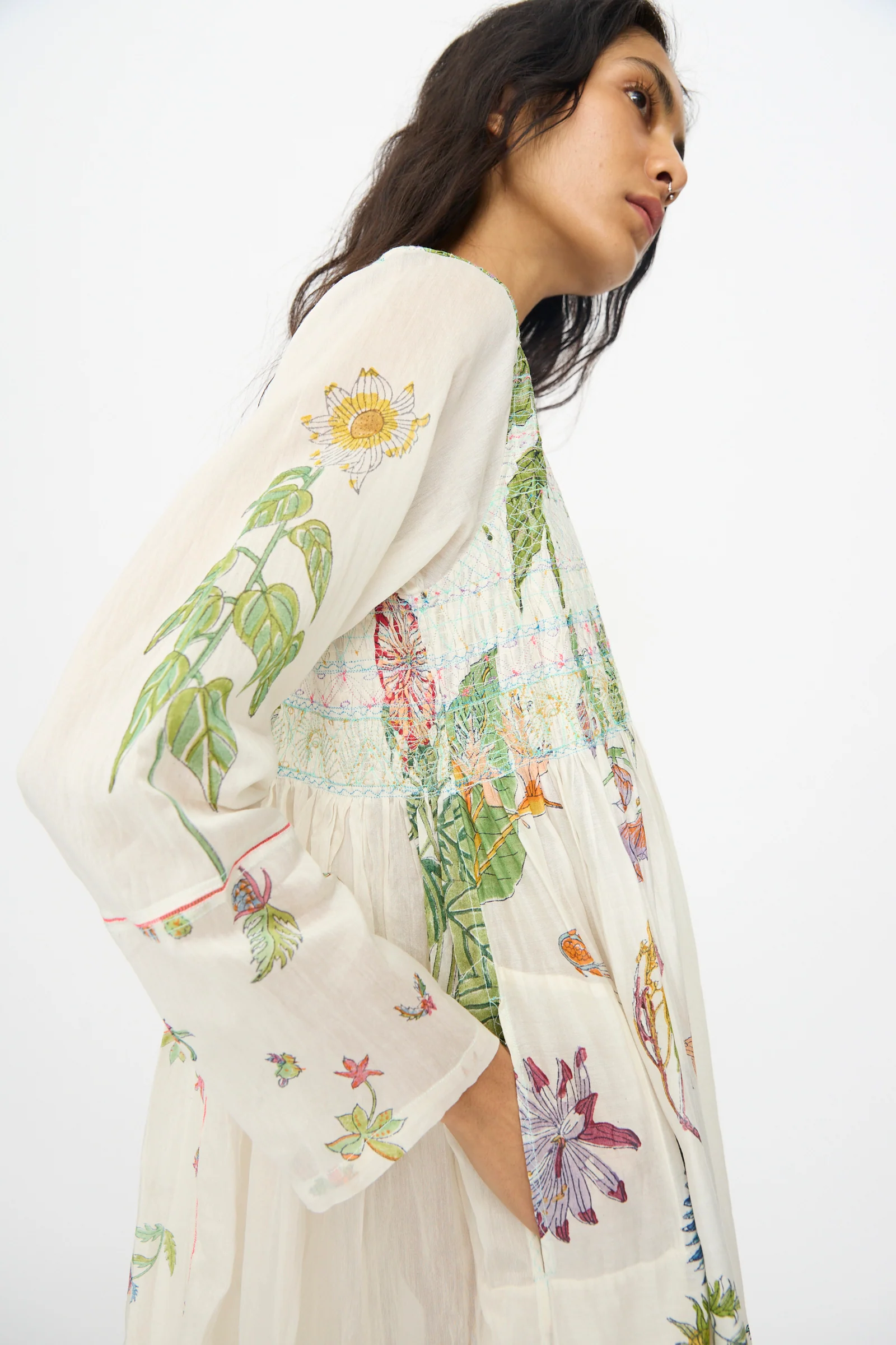 Cotton Silk Blockprint Nazma Dress in White - Image 6