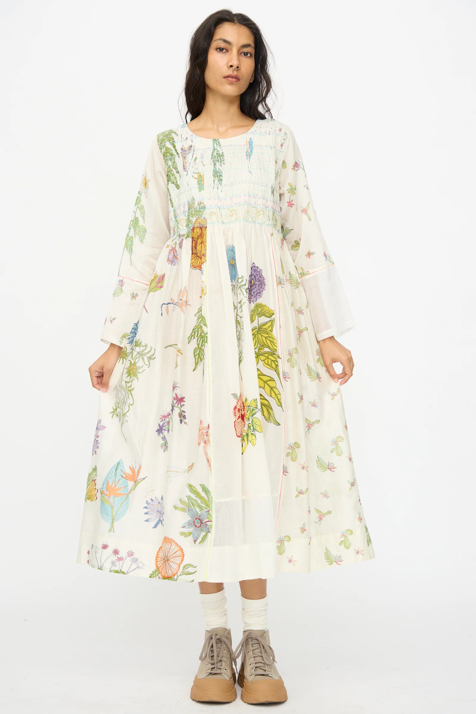 Cotton Silk Blockprint Nazma Dress in White - Image 7