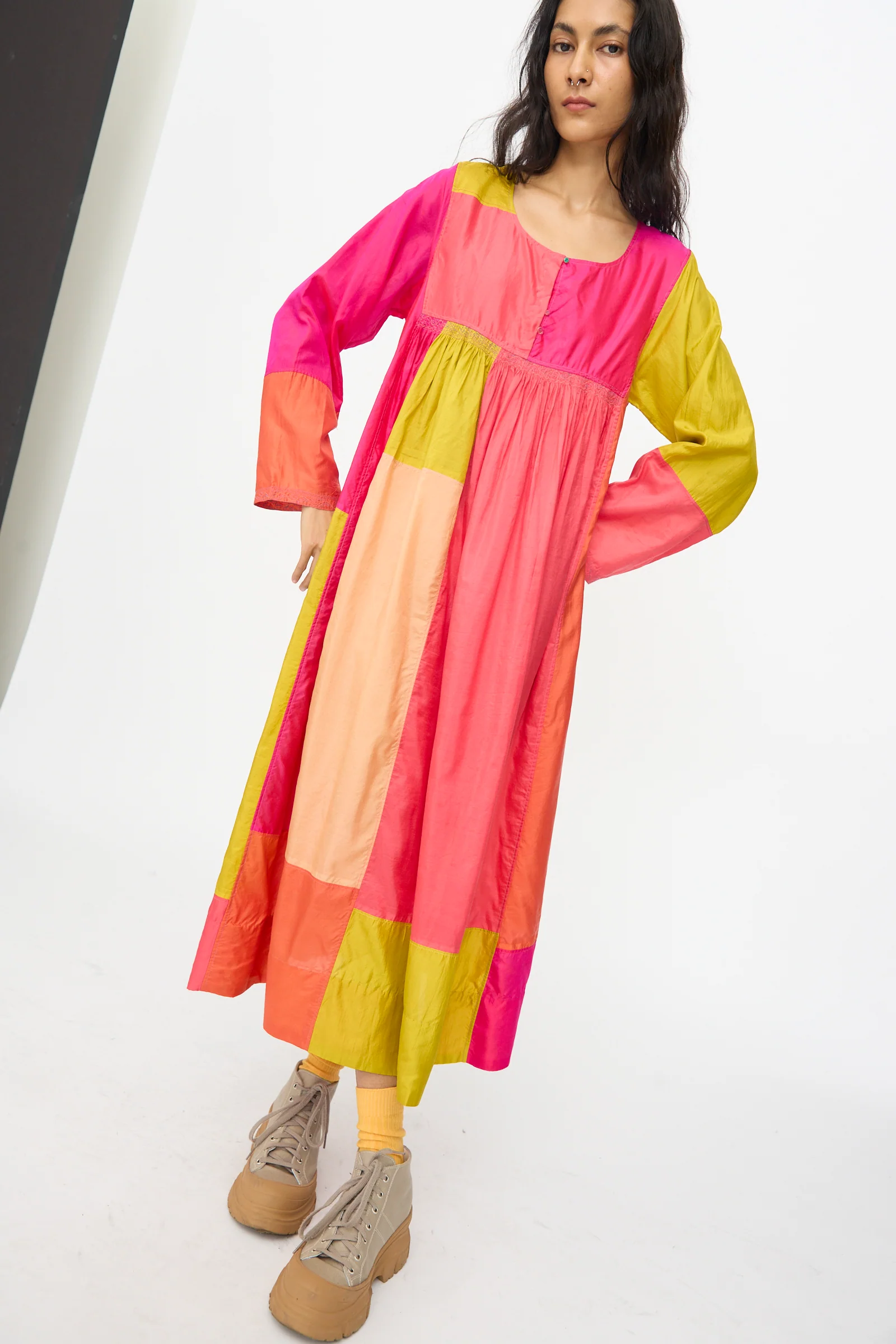 Silk Dyed Dress in Yellow Pink Multi - Image 4