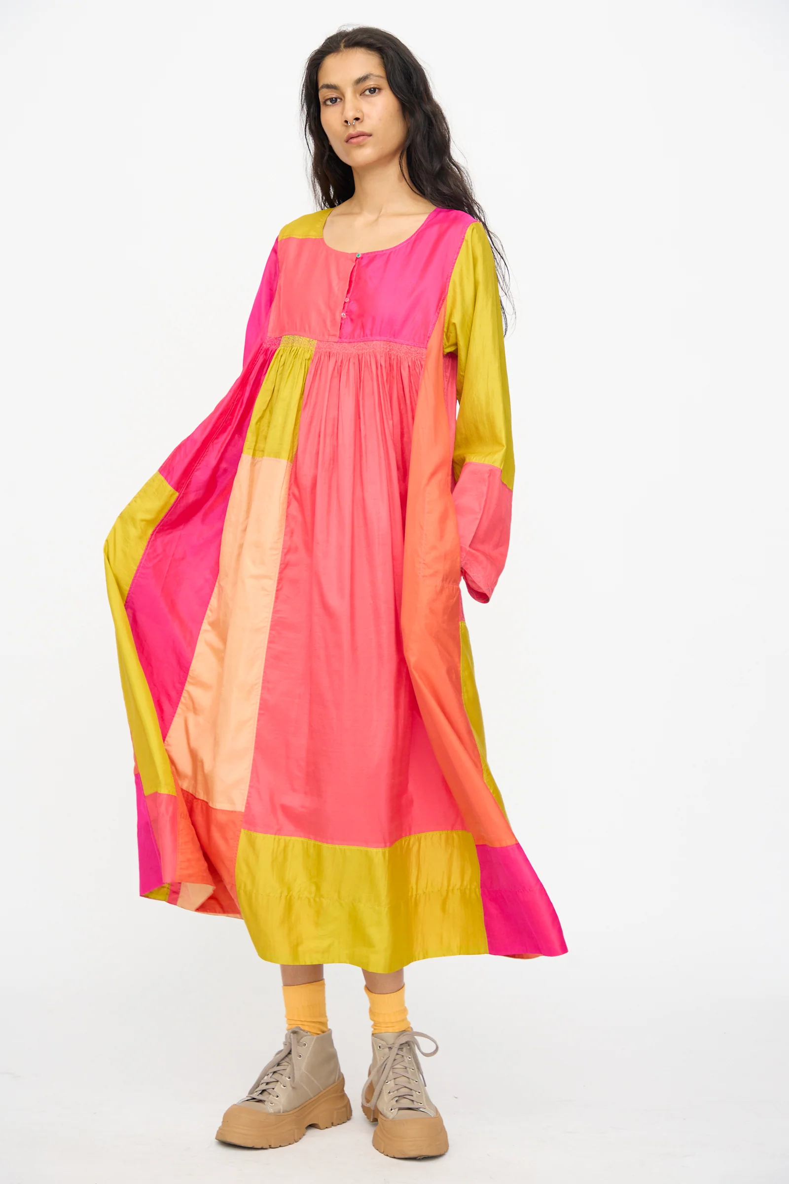 Silk Dyed Dress in Yellow Pink Multi - Image 5