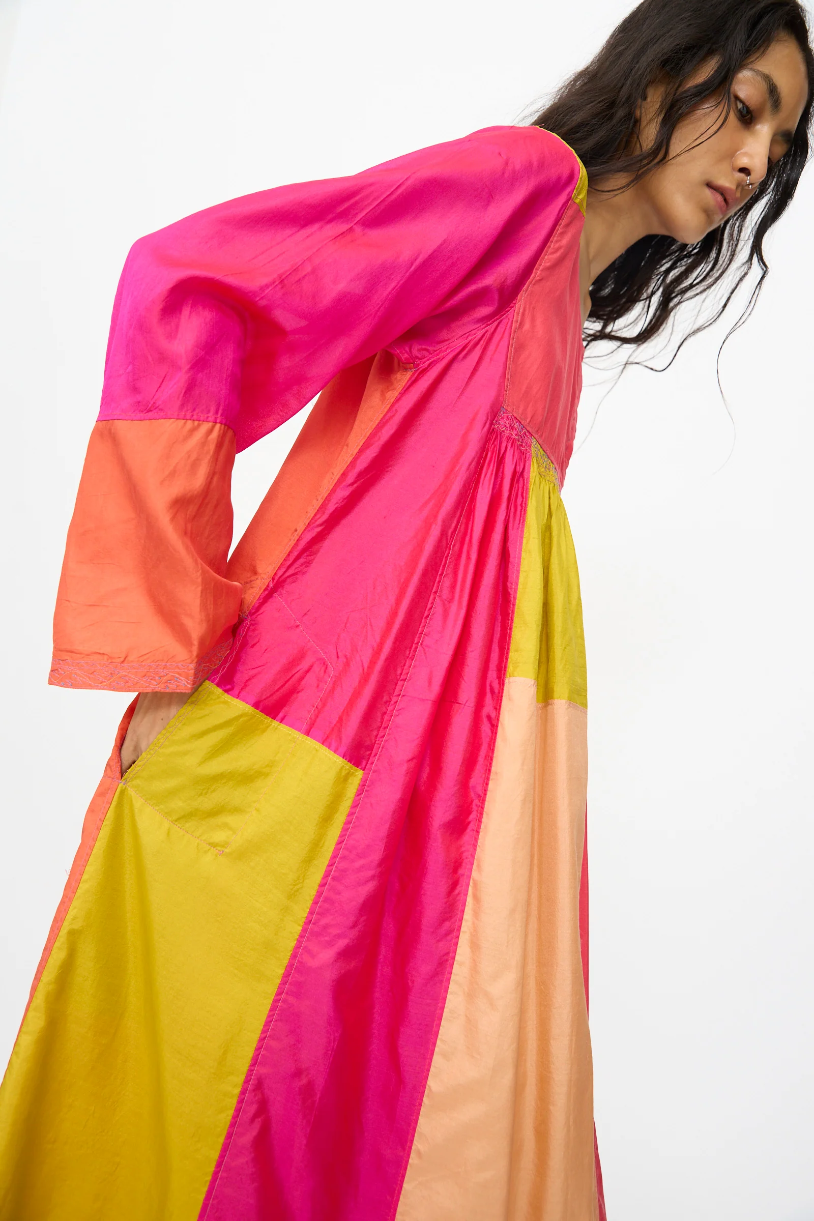 Silk Dyed Dress in Yellow Pink Multi - Image 6