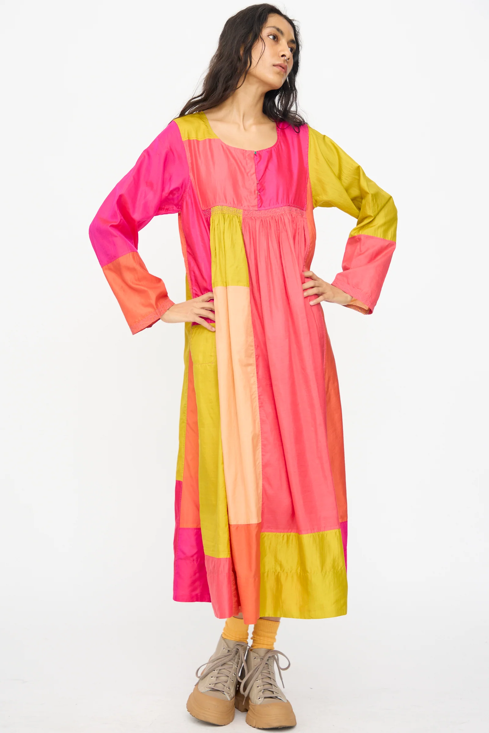 Silk Dyed Dress in Yellow Pink Multi - Image 7