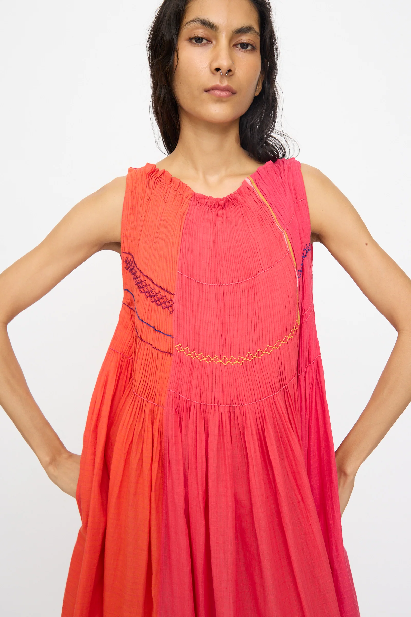 Woven Cotton Dress in Pink and Red - Image 3