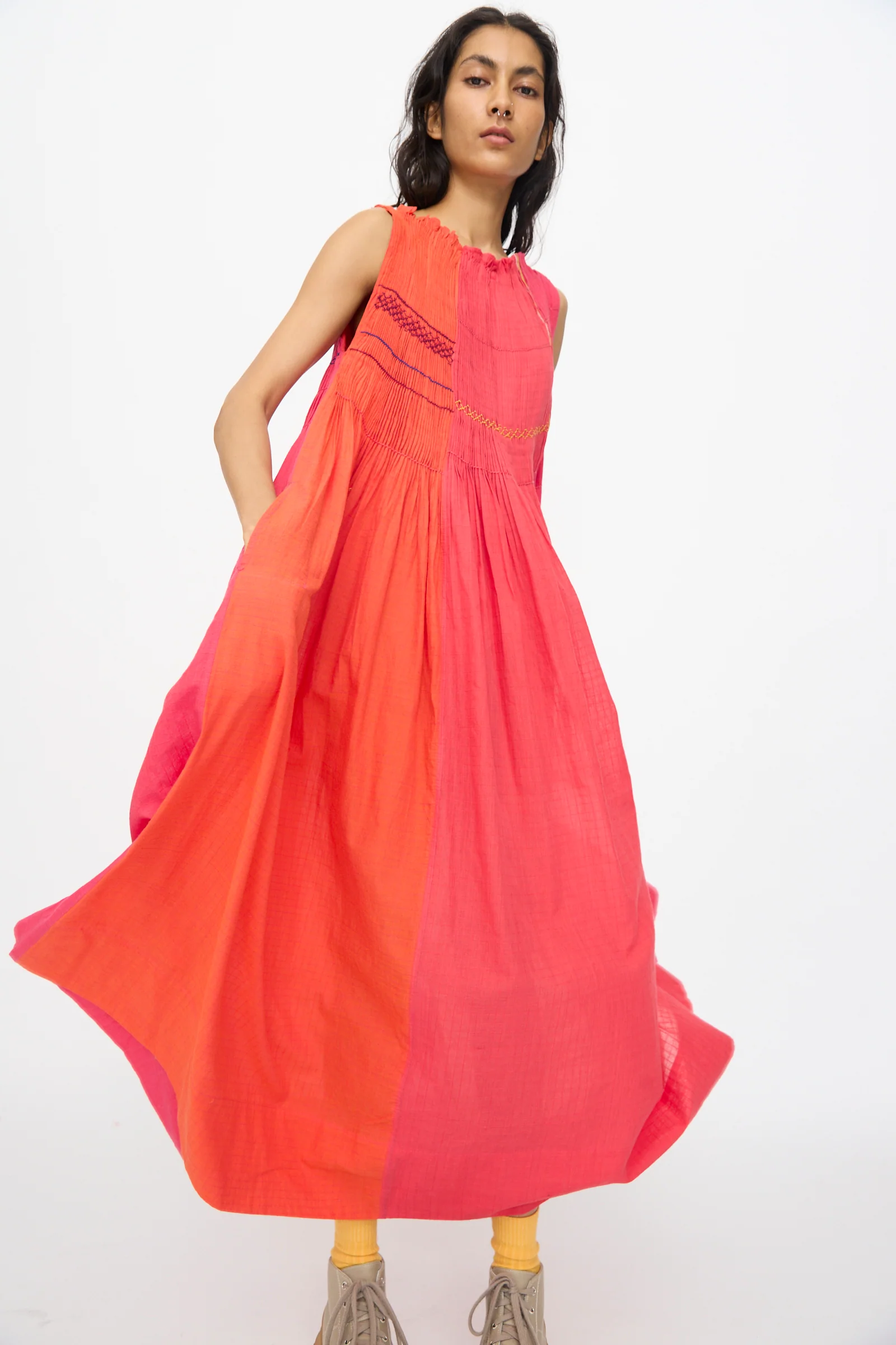 Woven Cotton Dress in Pink and Red - Image 4