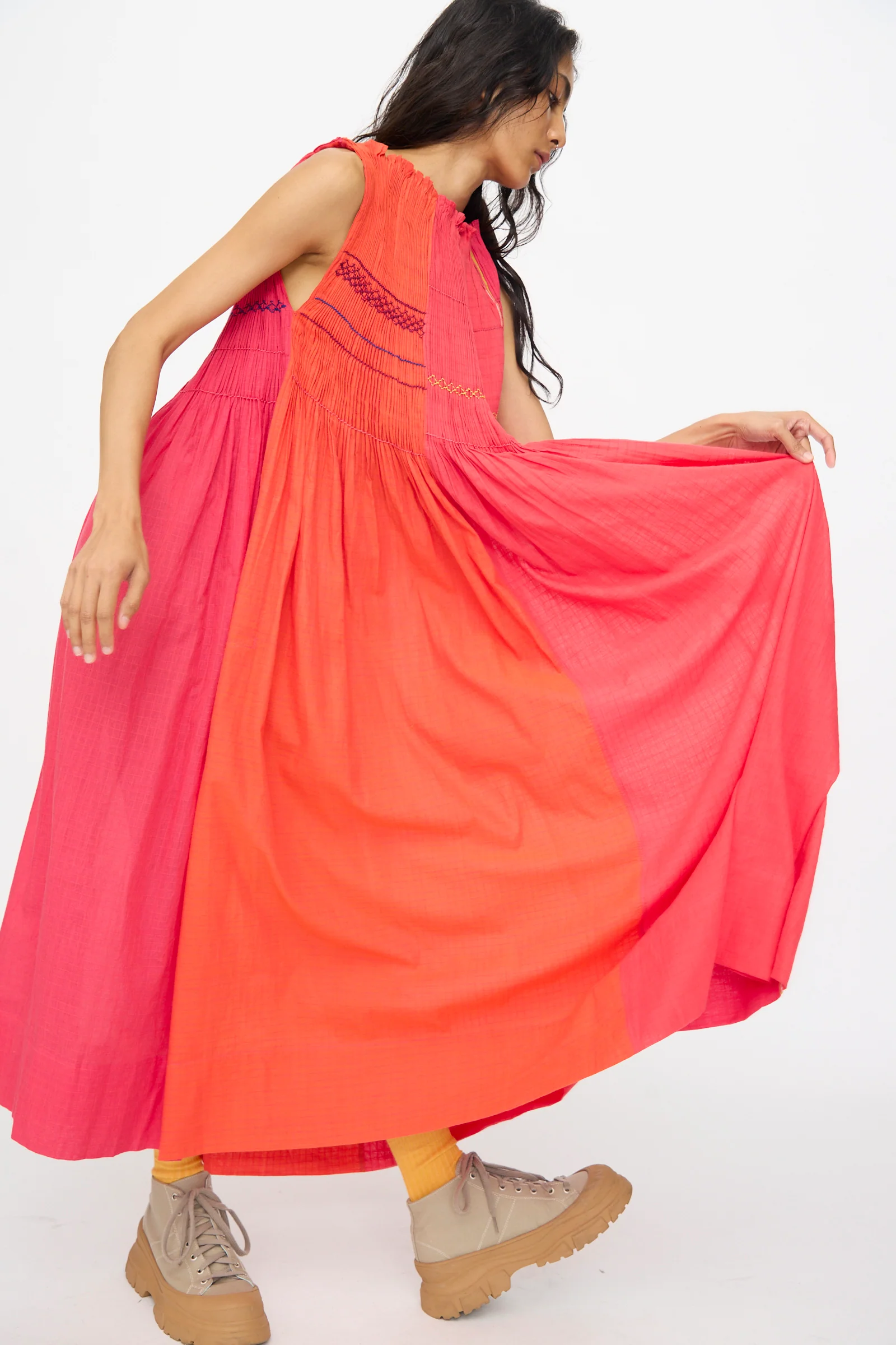 Woven Cotton Dress in Pink and Red - Image 5