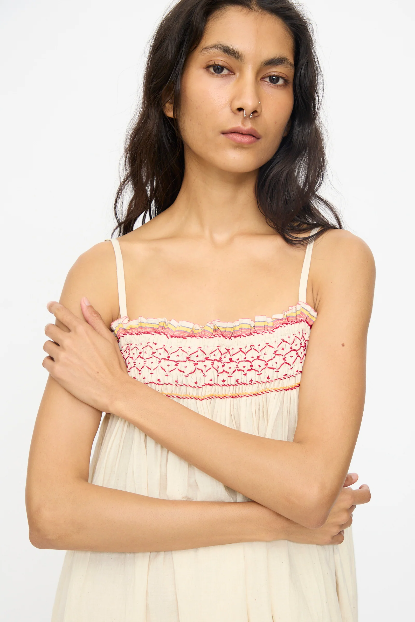 Woven Cotton Slip Dress in White with Red Stitch - Image 3