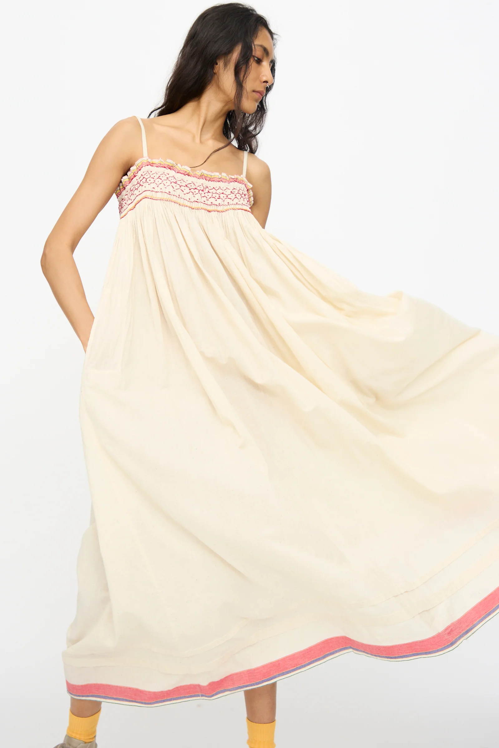 Woven Cotton Slip Dress in White with Red Stitch - Image 4