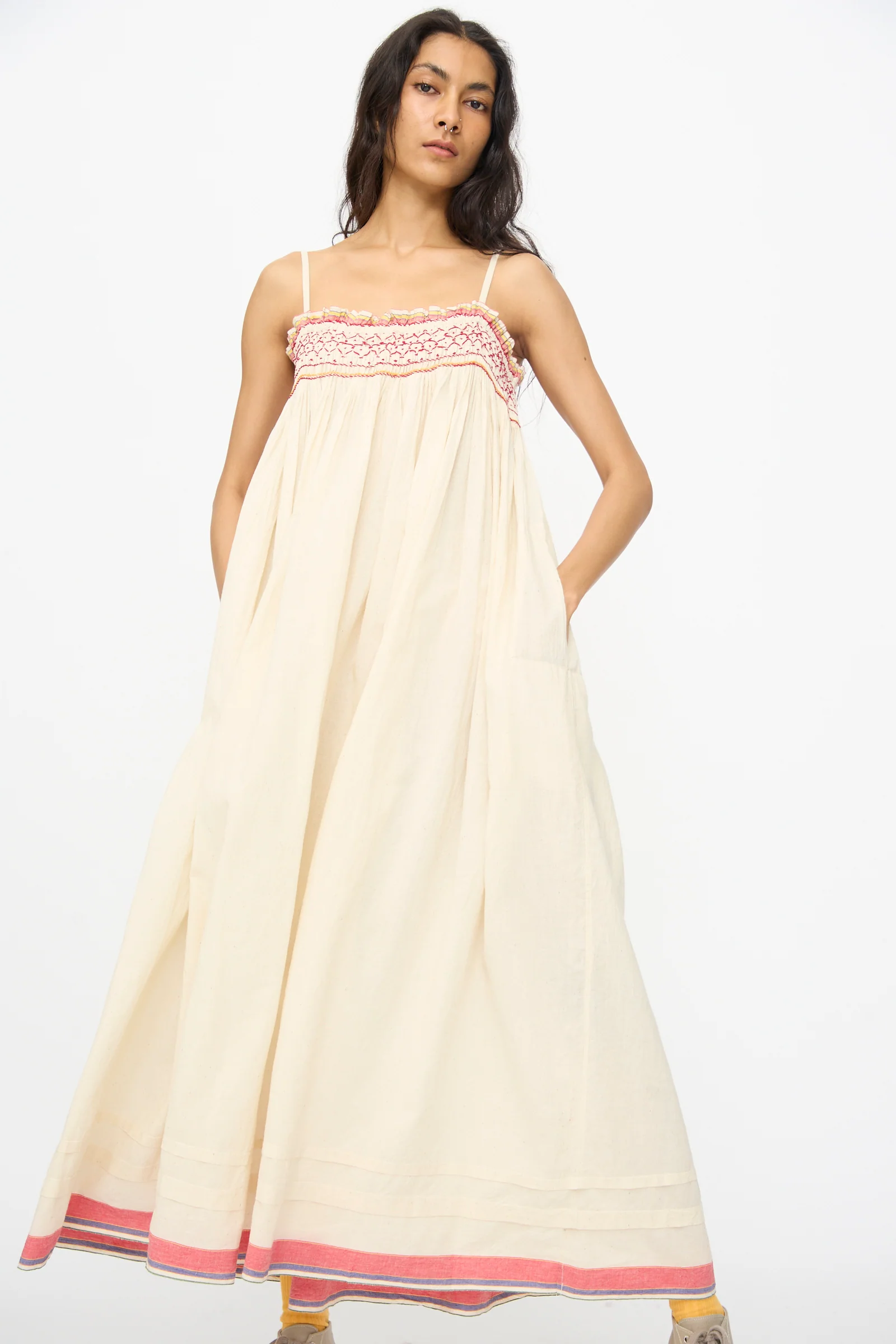 Woven Cotton Slip Dress in White with Red Stitch - Image 5