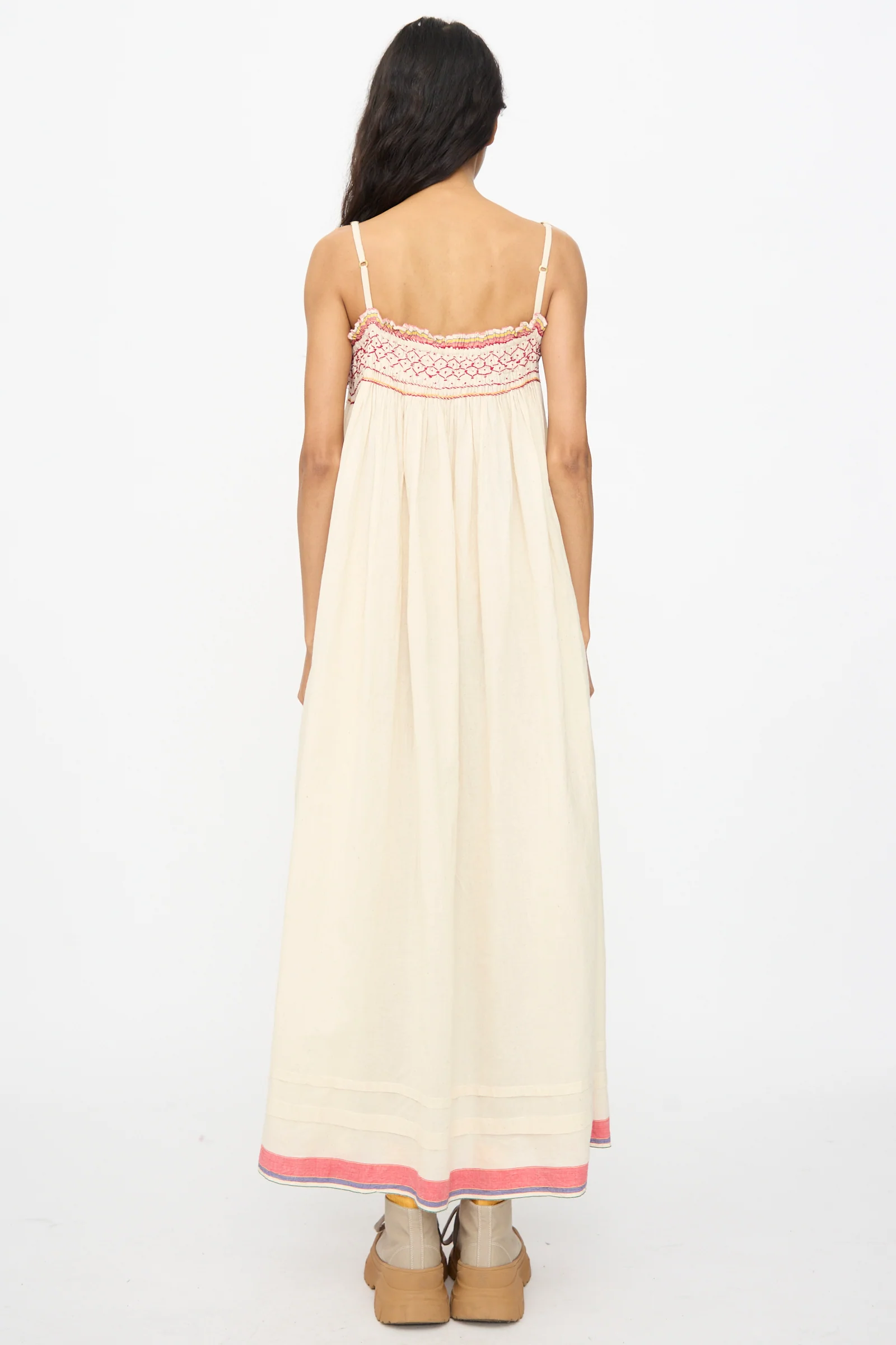 Woven Cotton Slip Dress in White with Red Stitch - Image 6