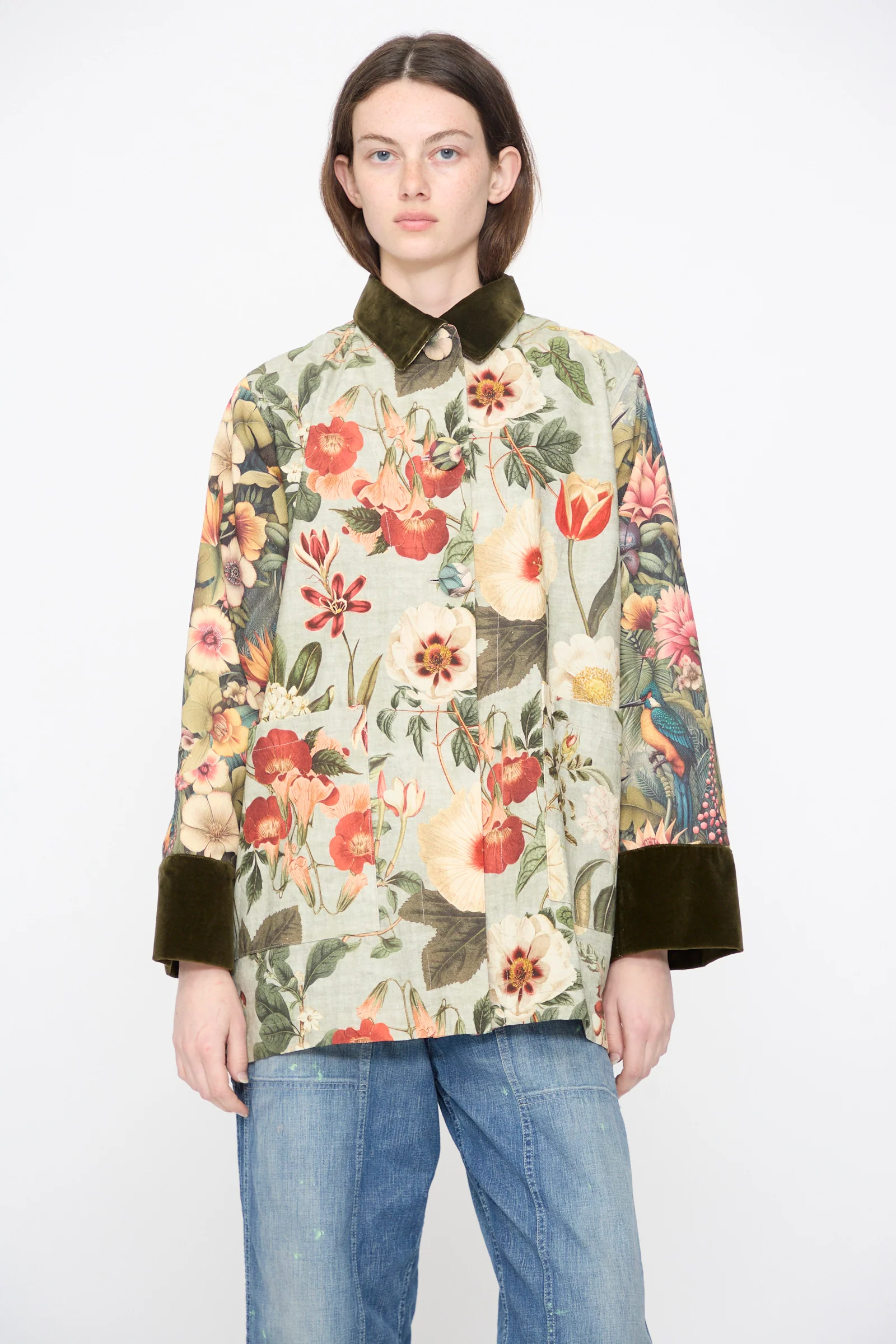 Cotton Coat with Velvet in Green Floral - Image 3