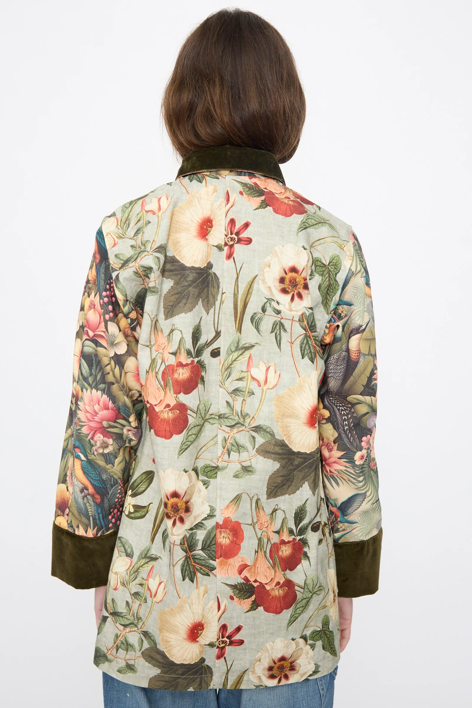 Cotton Coat with Velvet in Green Floral - Image 6