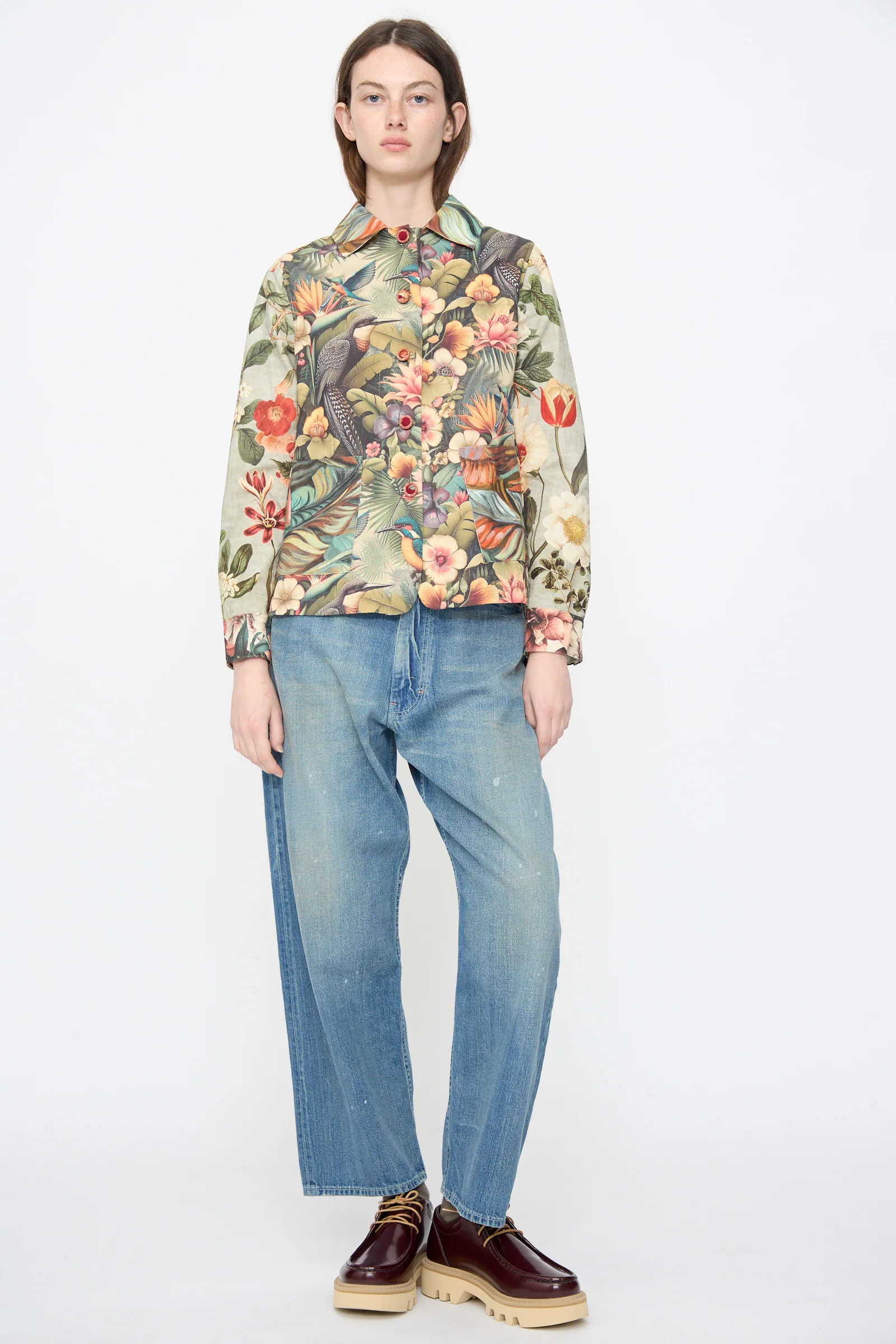 Cotton Shirt Jacket in Green Floral