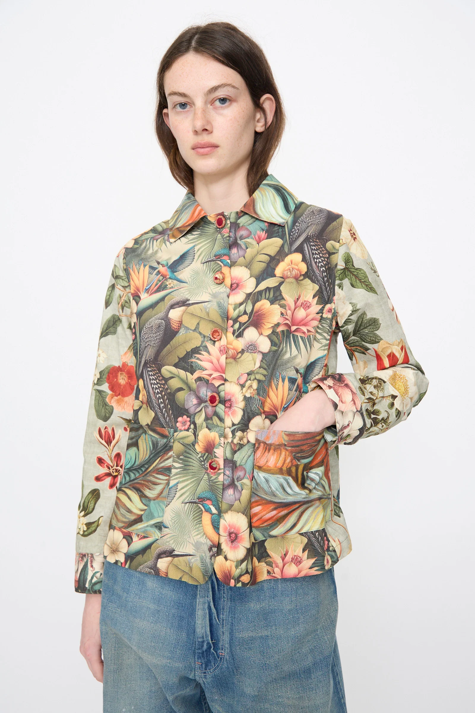 Cotton Shirt Jacket in Green Floral - Image 2