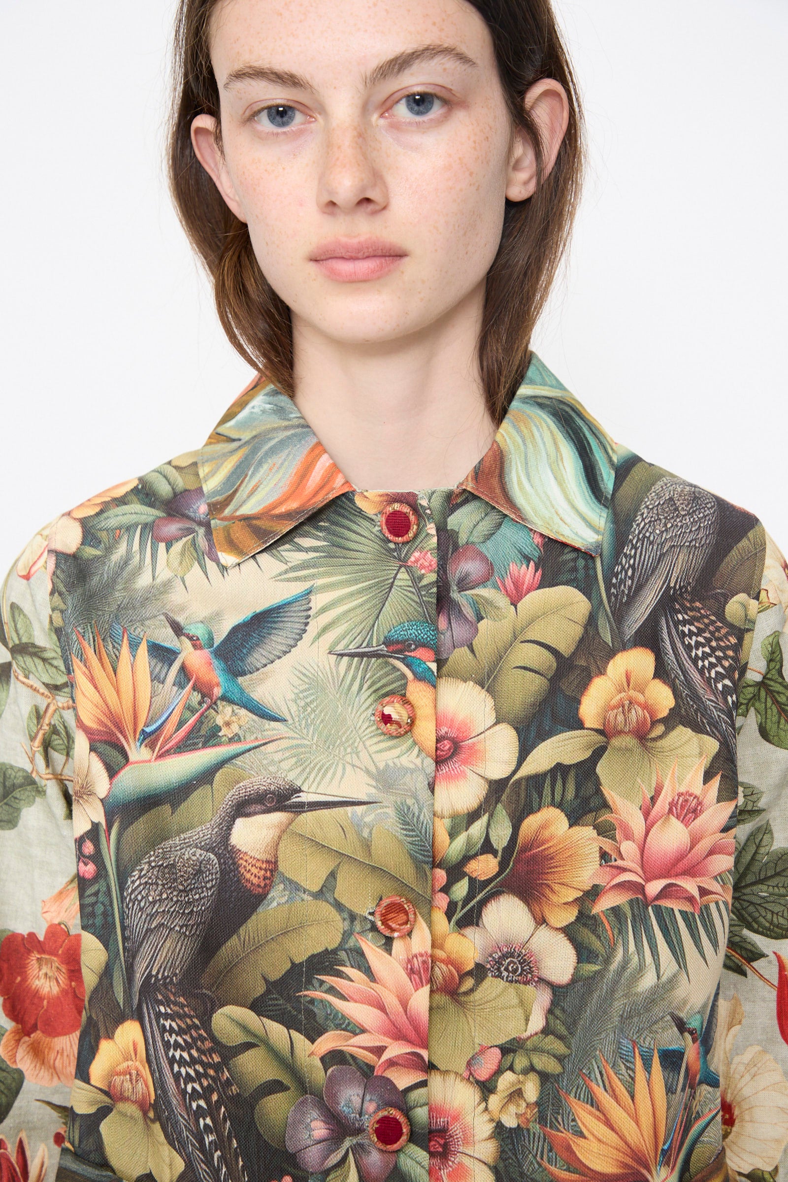 Cotton Shirt Jacket in Green Floral - Image 3