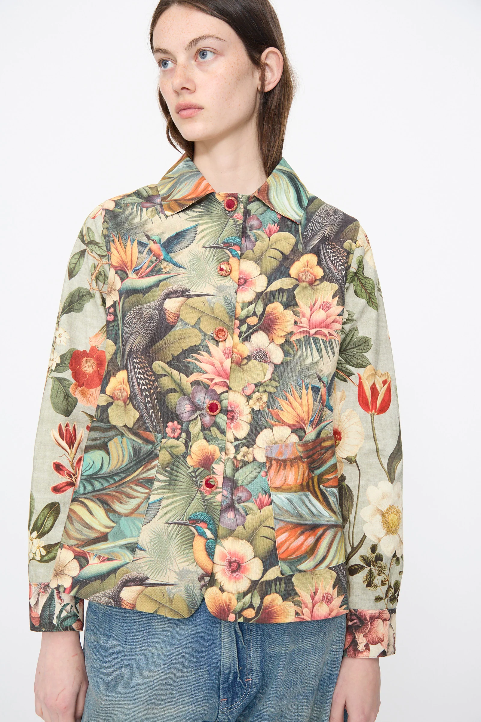 Cotton Shirt Jacket in Green Floral - Image 4