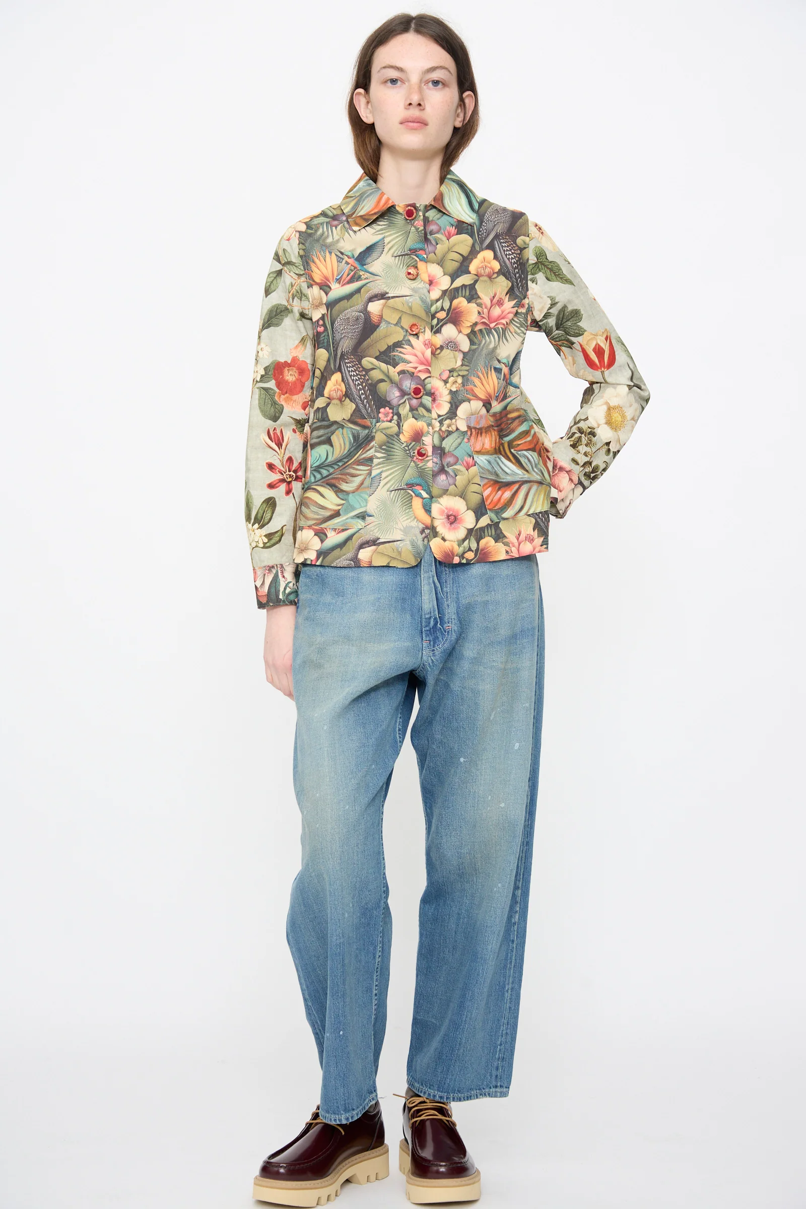 Cotton Shirt Jacket in Green Floral - Image 5