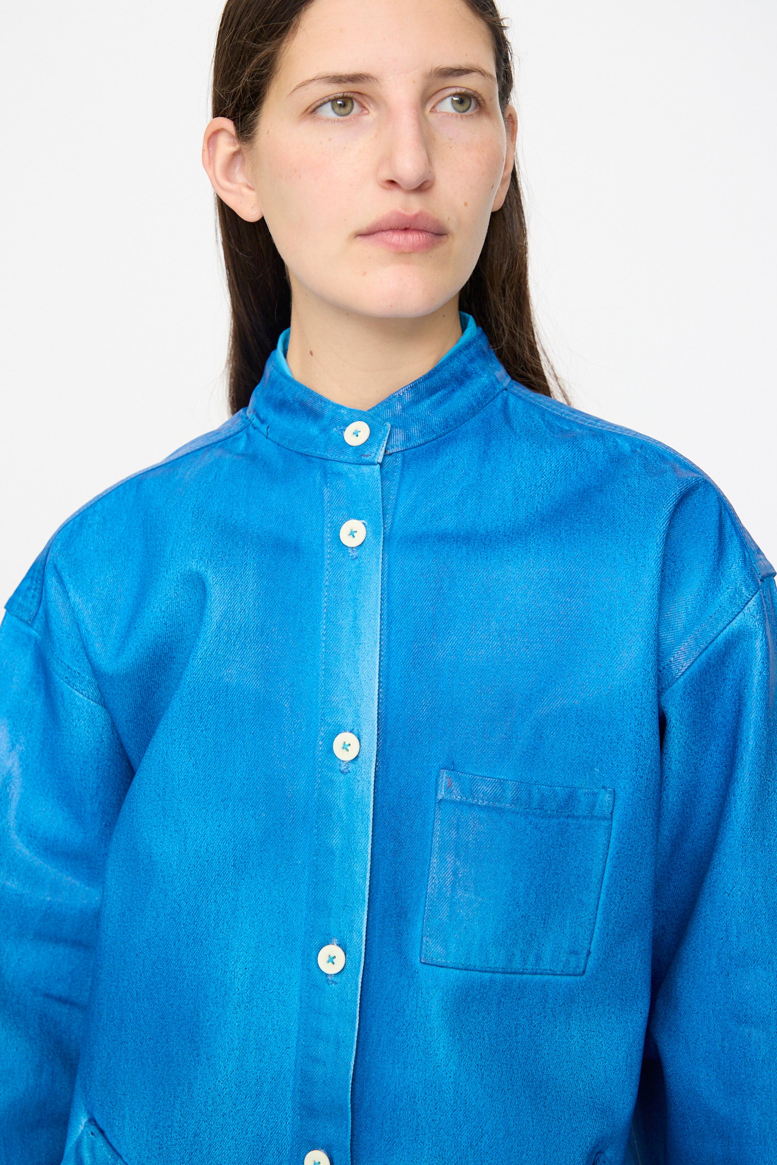 Band Collar Okuda Jacket in Electric Blue Lacquer - Image 3