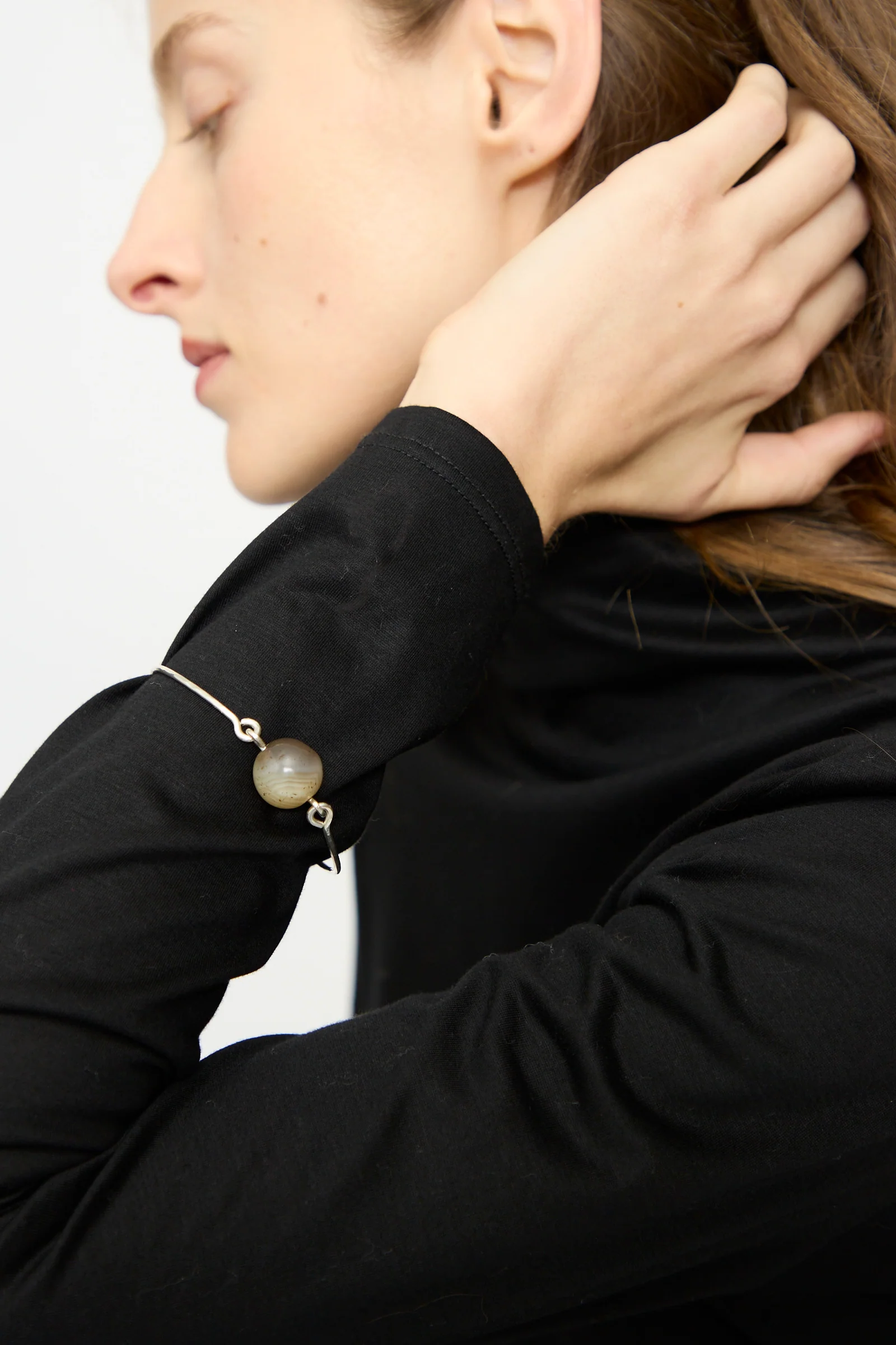 Hammered Sterling Silver Bangle with Ancient Agate Trade Beads - Image 5