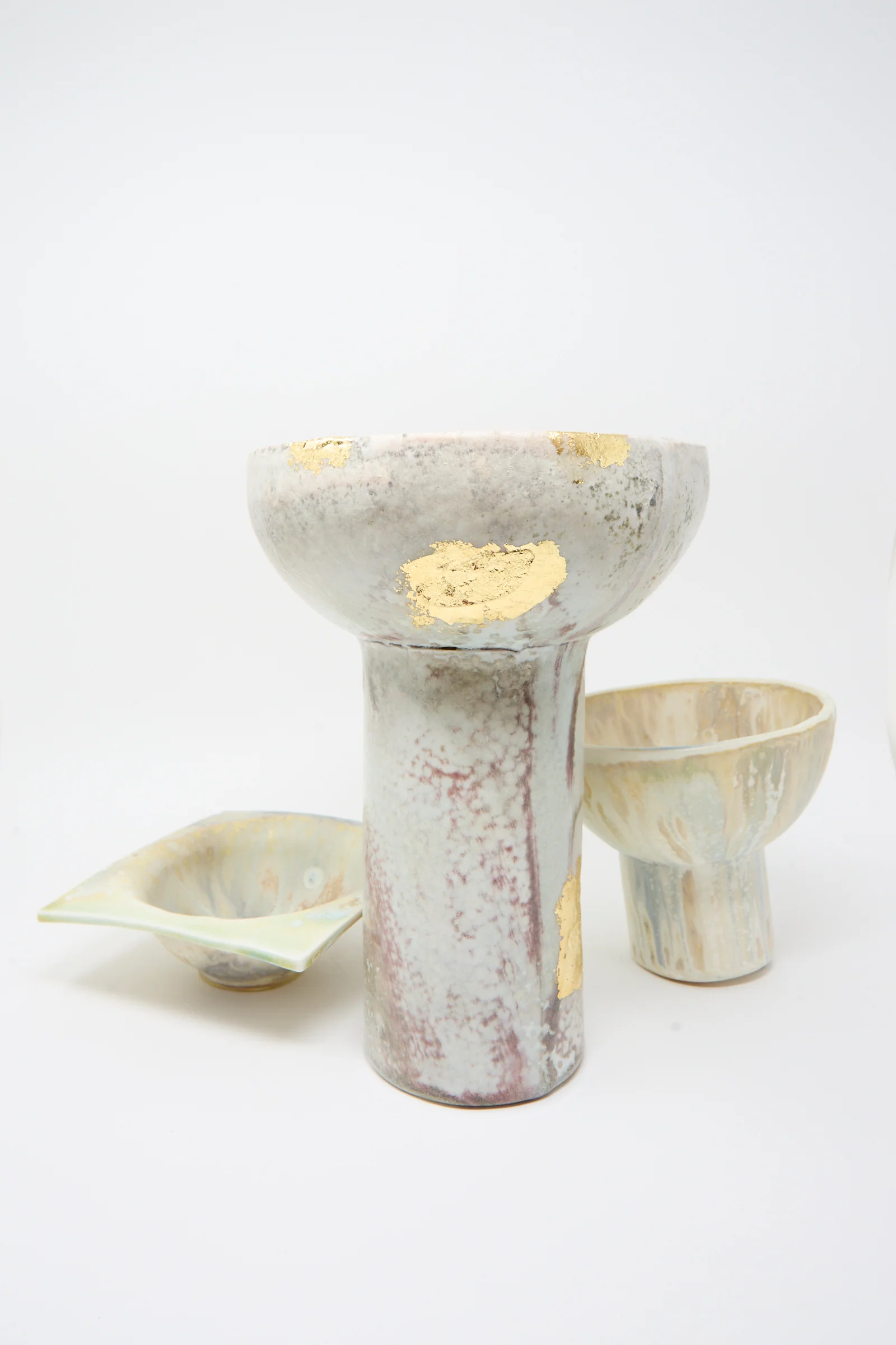 Wood-Fired Porcelain Pedestal Bowl with Gold Leaf - Image 2