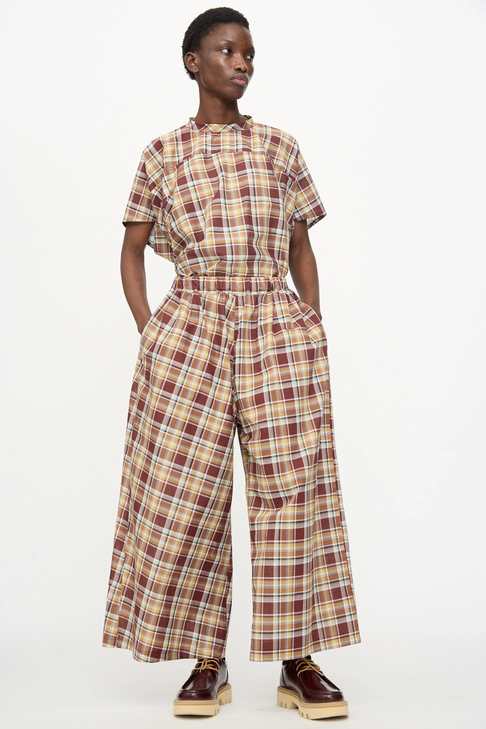 Cotton Batiste Check Parana Pant in Toffee