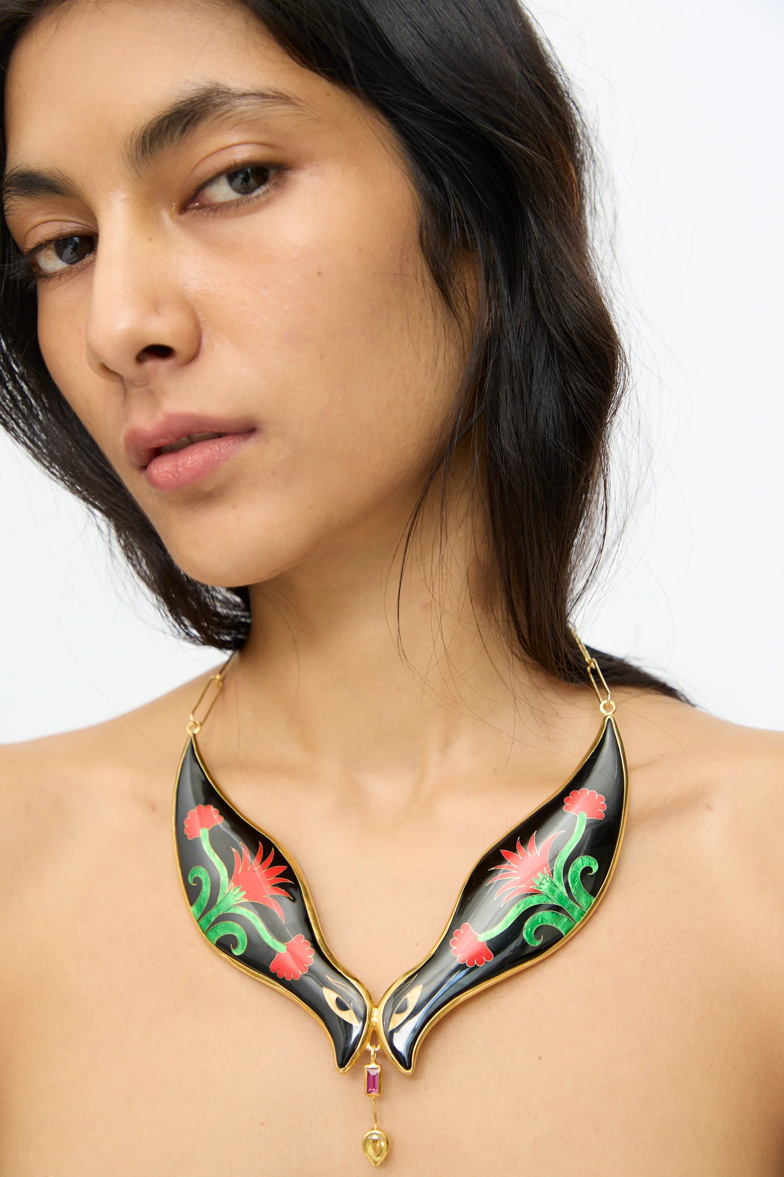 Bird Necklace in Black and Red Flower - Image 4
