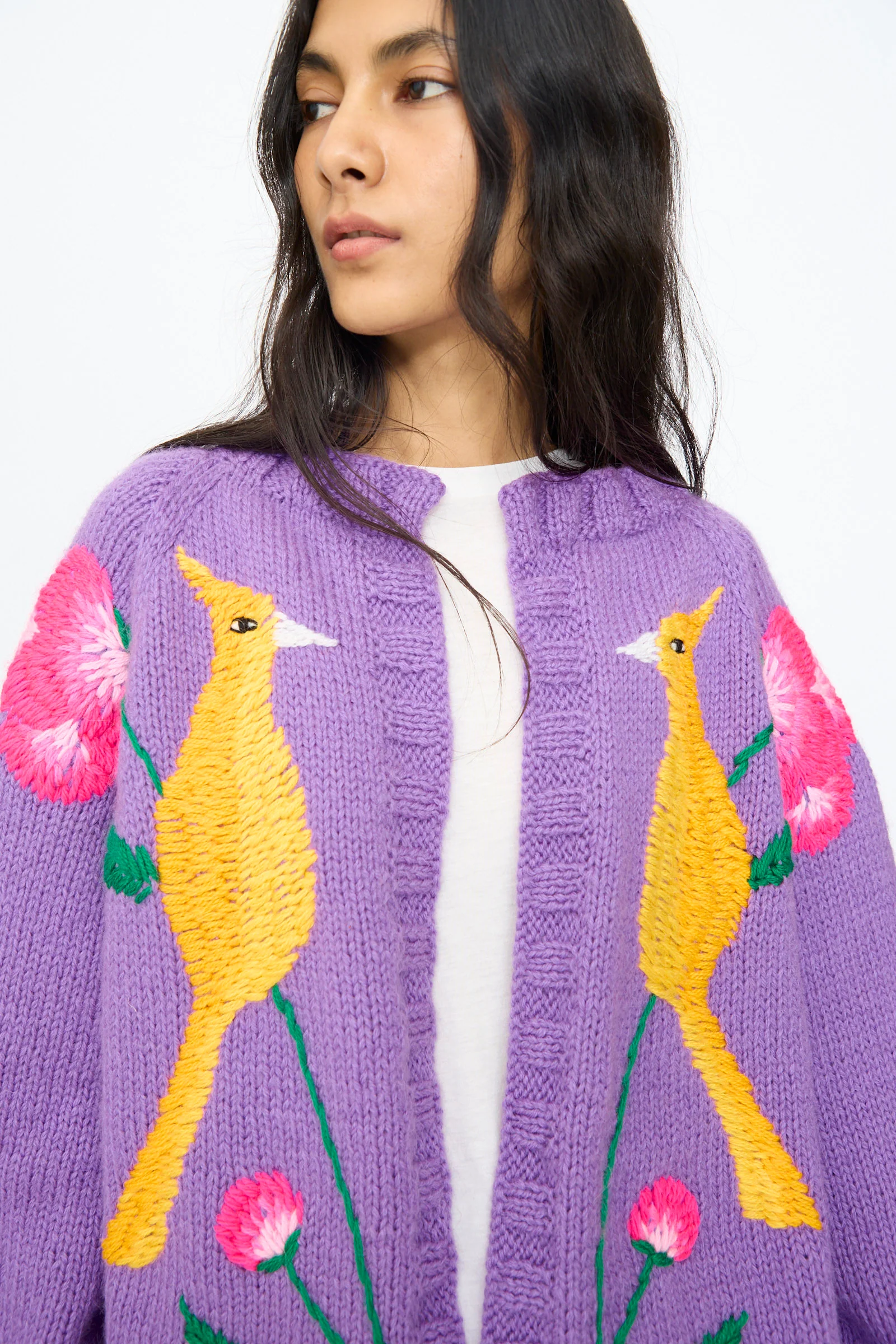 Cardigan in Purple with Bird and Flower - Image 3