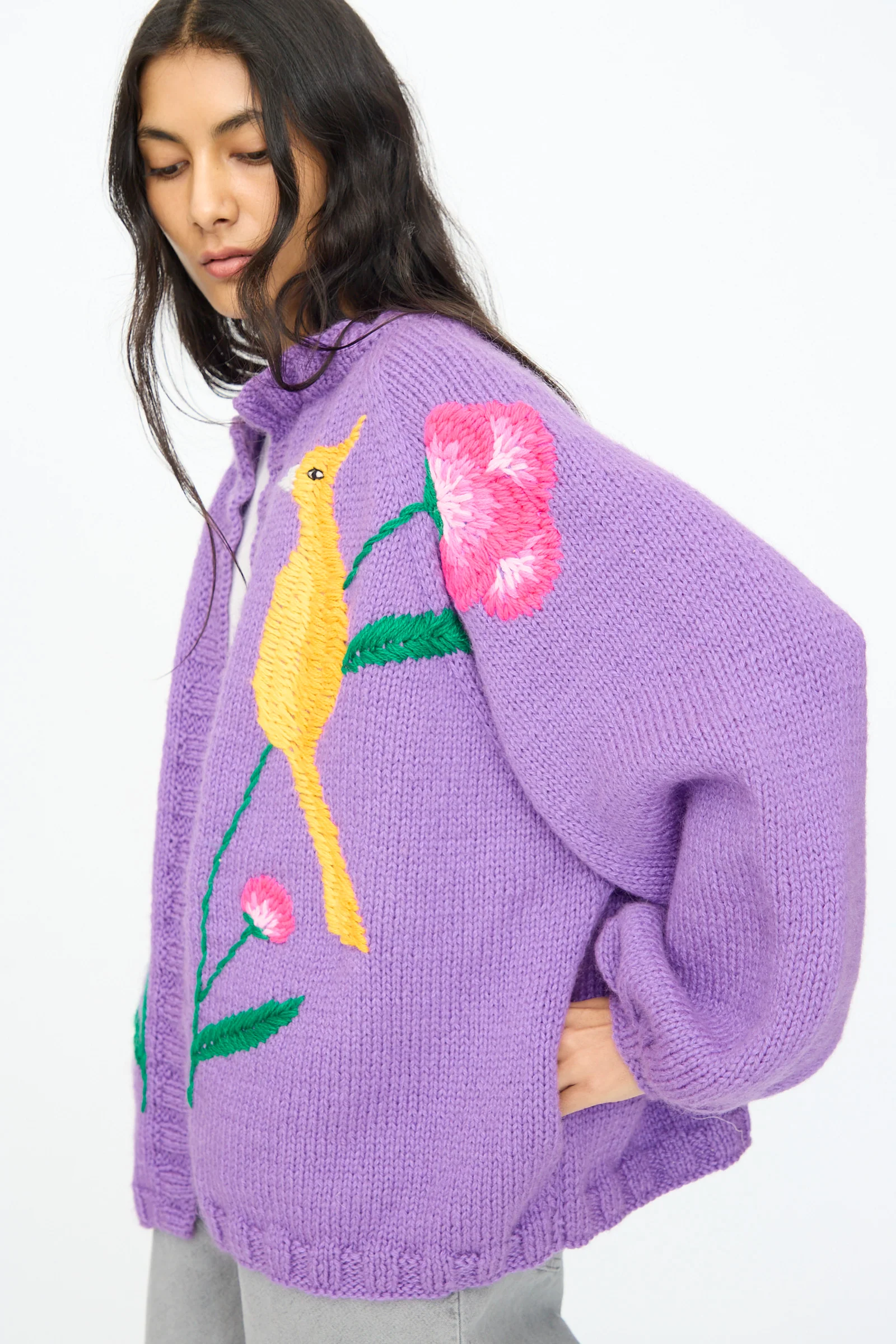 Cardigan in Purple with Bird and Flower - Image 4