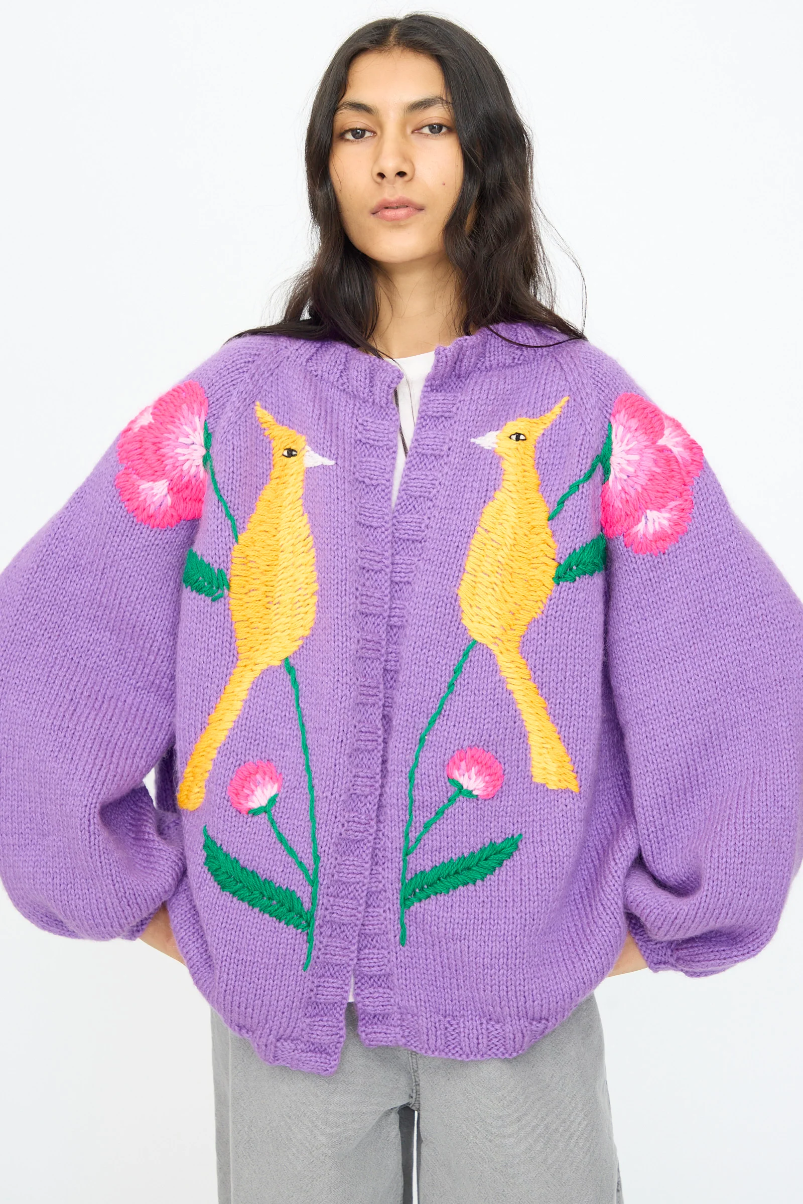 Cardigan in Purple with Bird and Flower - Image 5