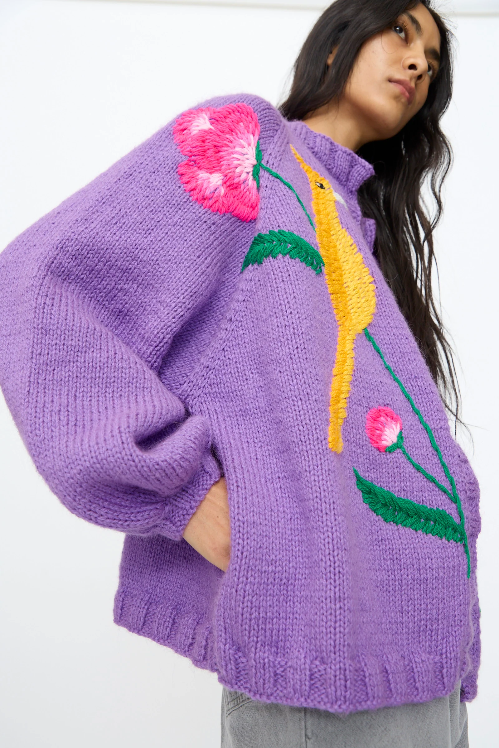 Cardigan in Purple with Bird and Flower - Image 6