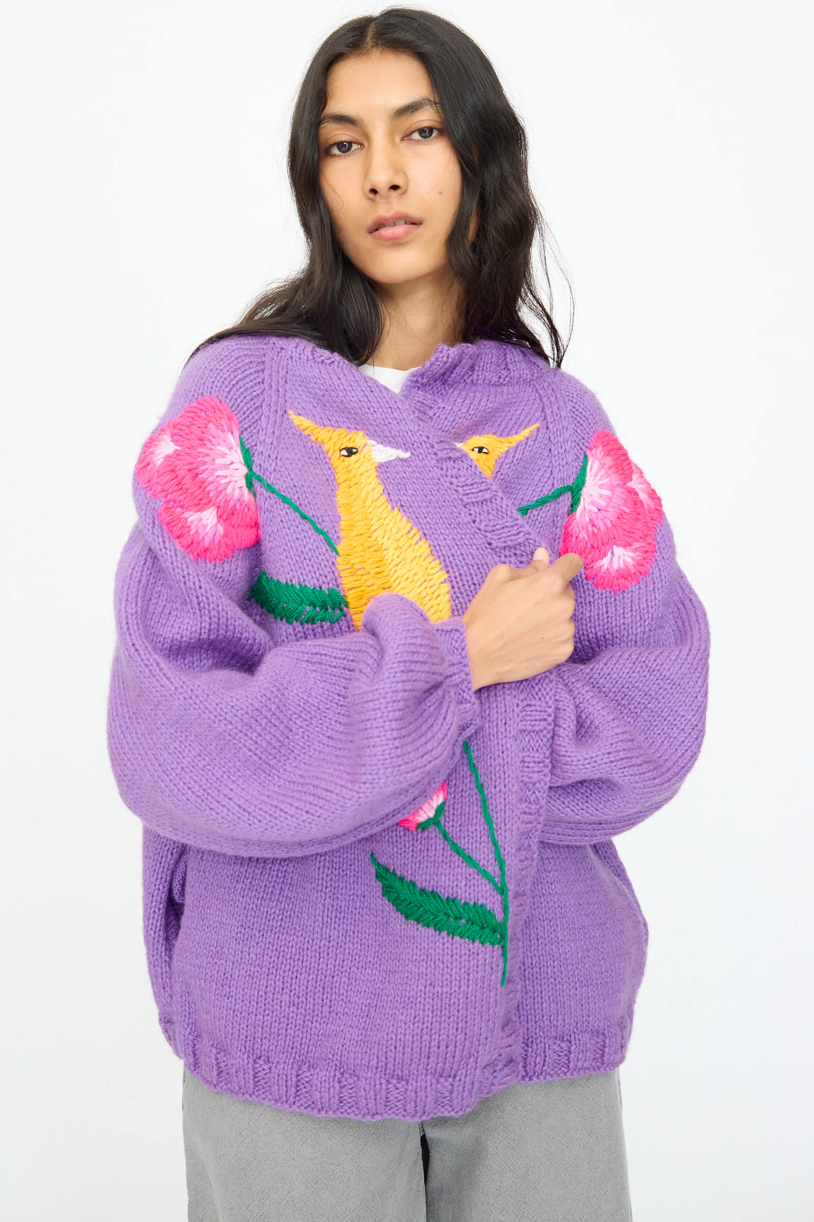 Cardigan in Purple with Bird and Flower - Image 7