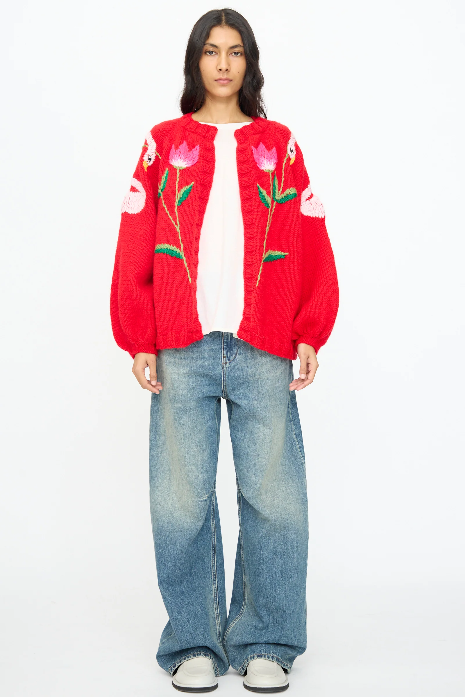 Cardigan in Red with Flowers and Swans