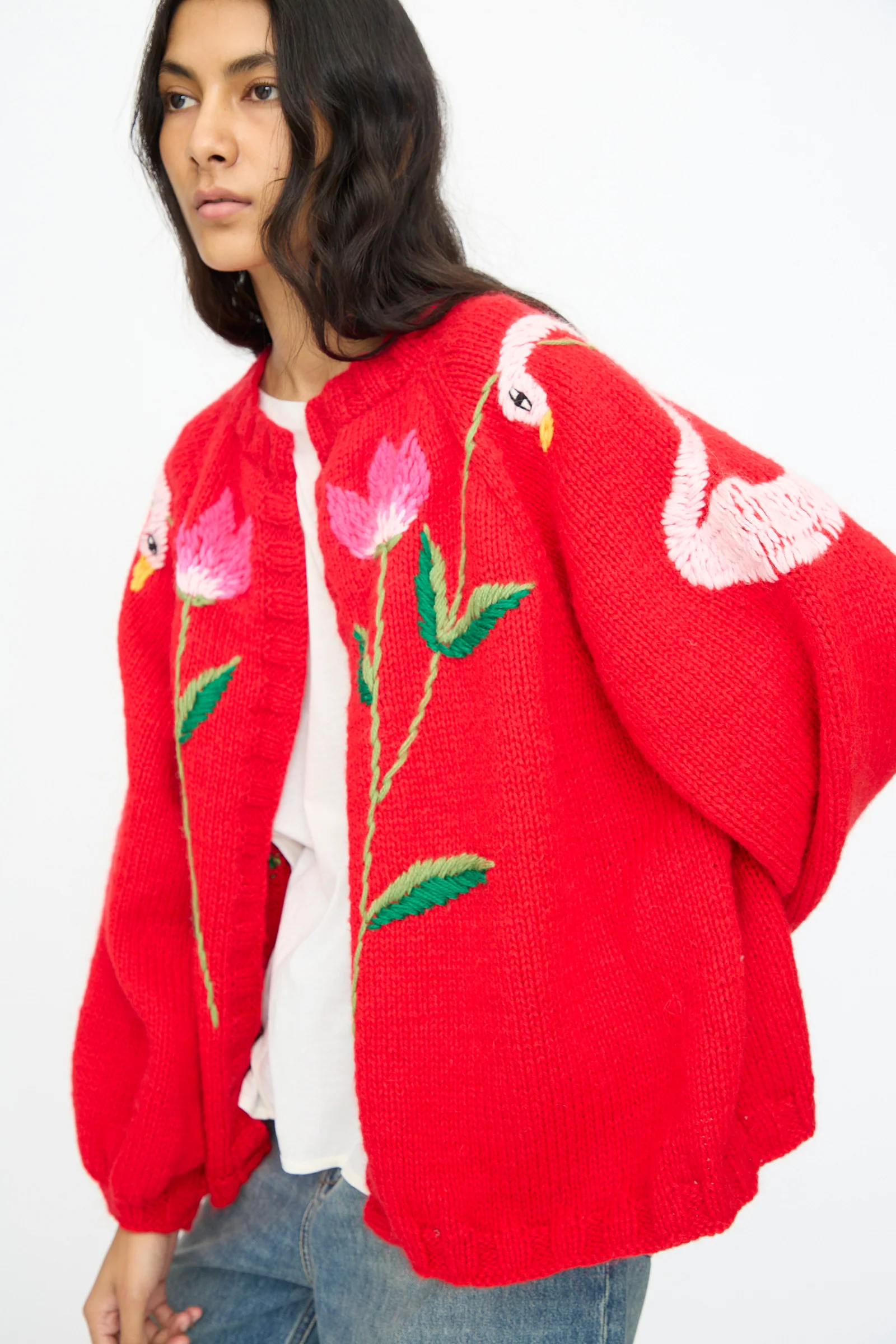 Cardigan in Red with Flowers and Swans - Image 2