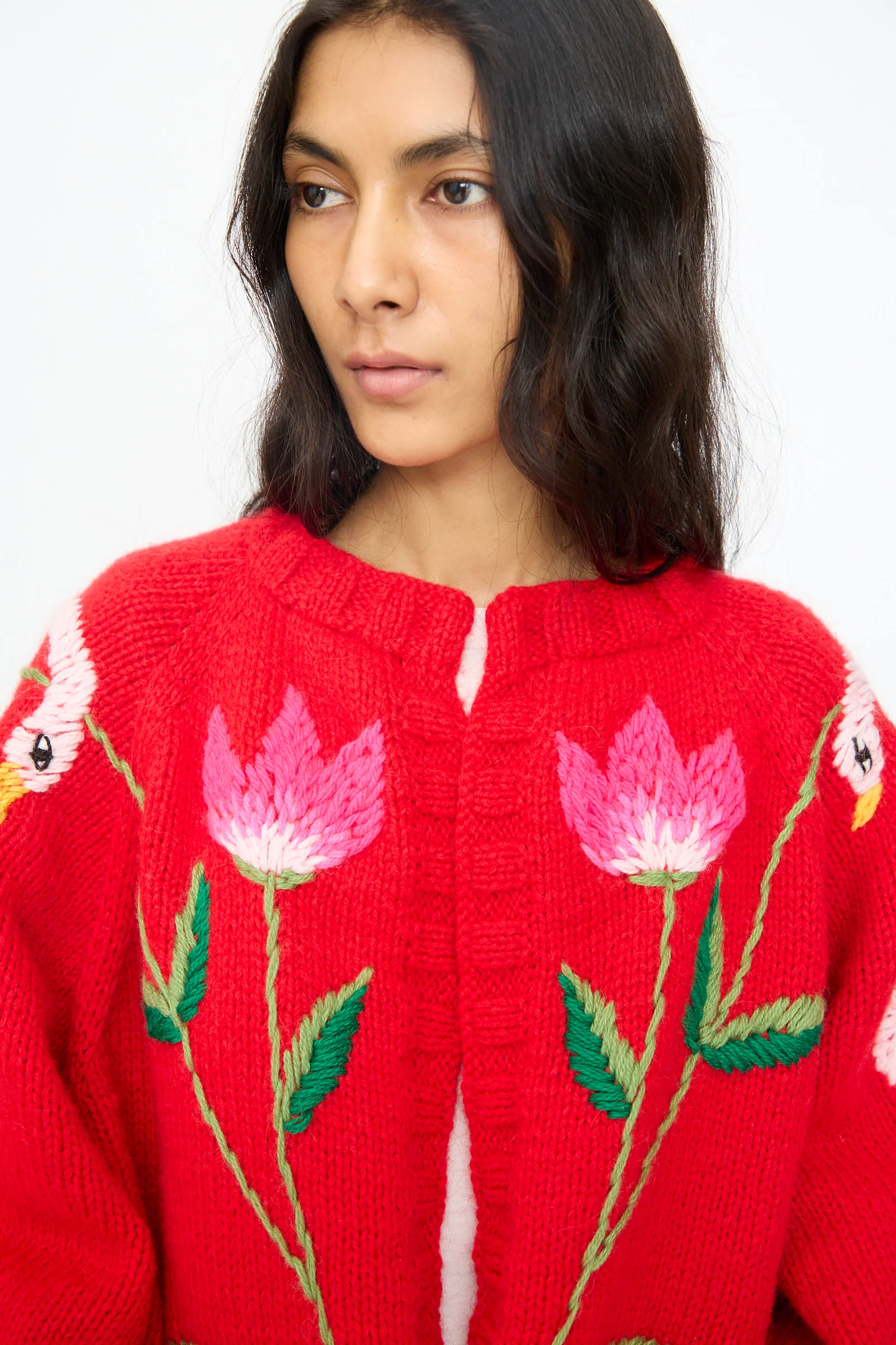 Cardigan in Red with Flowers and Swans - Image 3