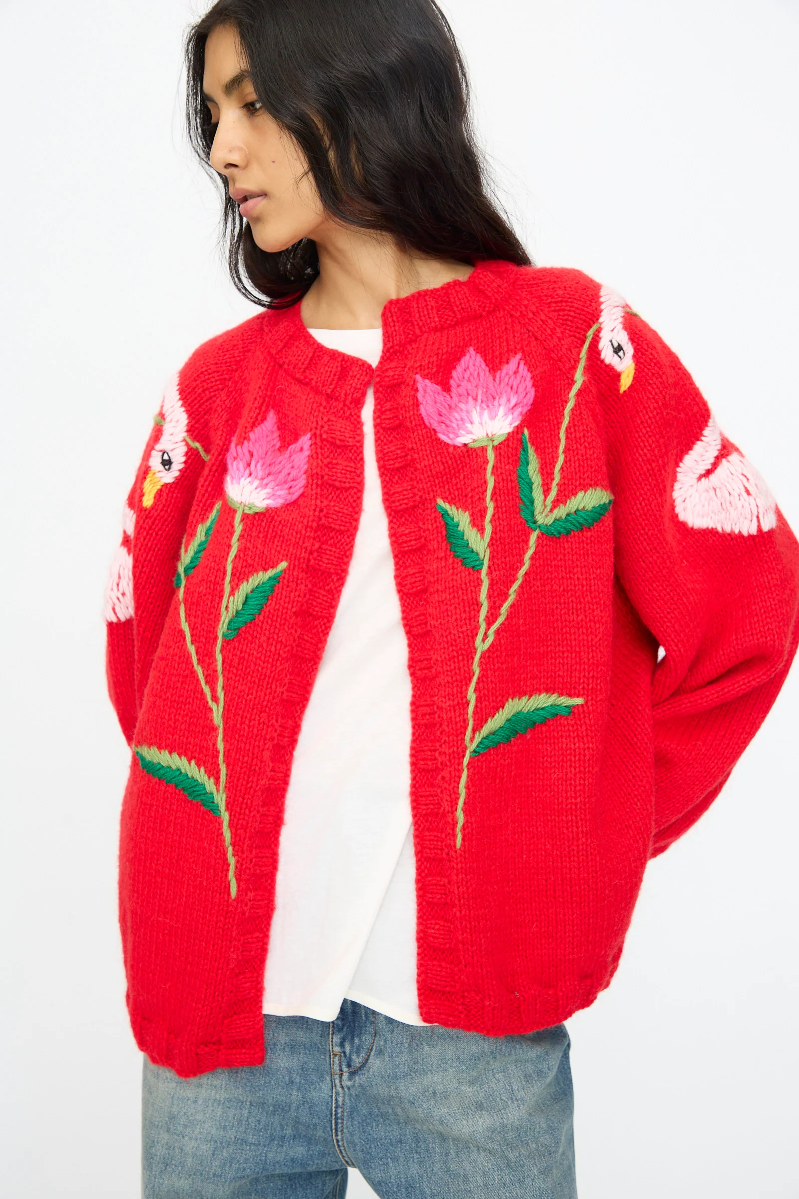 Cardigan in Red with Flowers and Swans - Image 4