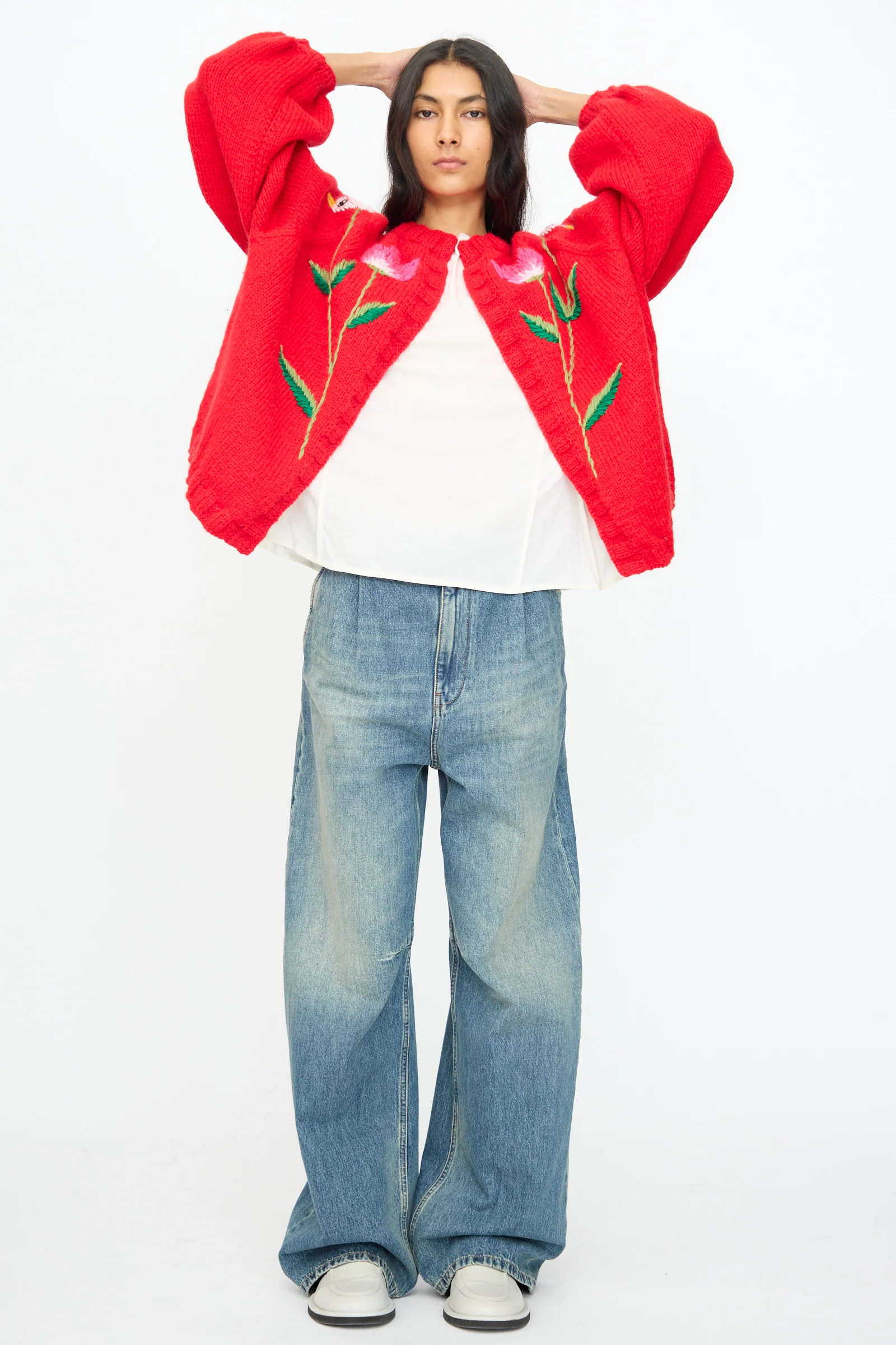 Cardigan in Red with Flowers and Swans - Image 5