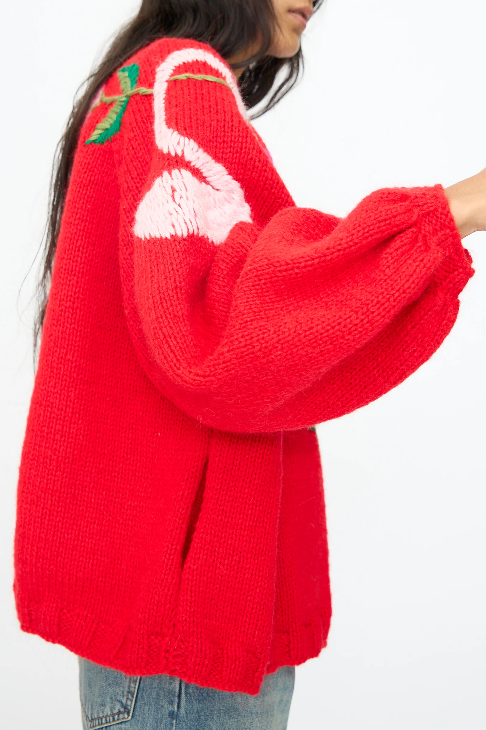 Cardigan in Red with Flowers and Swans - Image 6