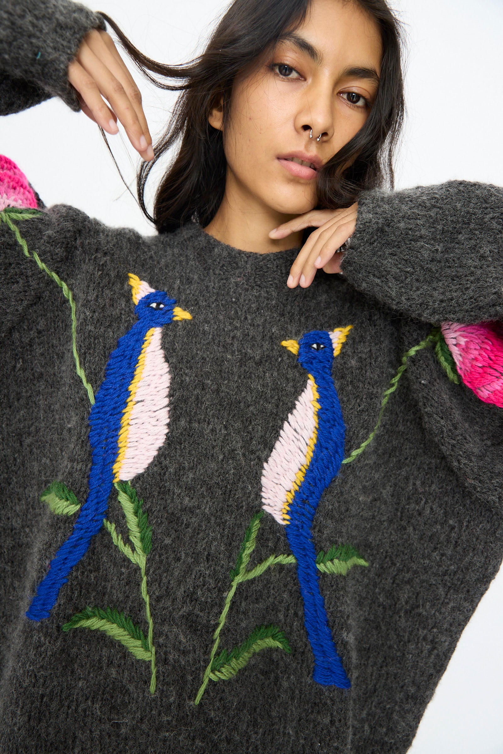 Sweater in Charcoal with Birds and Flowers - Image 3