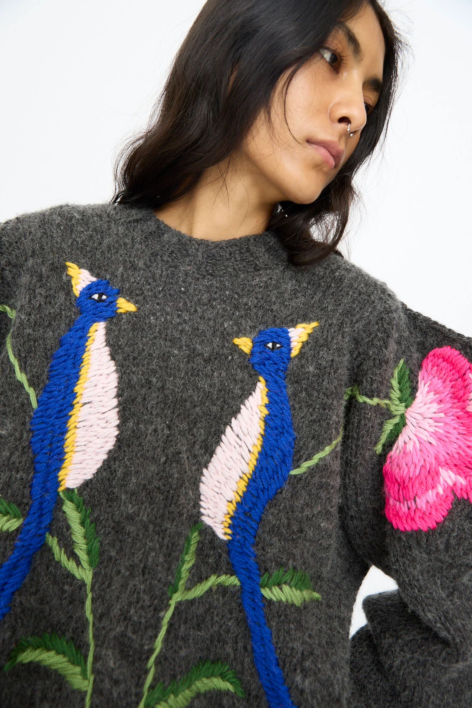 Sweater in Charcoal with Birds and Flowers - Image 4