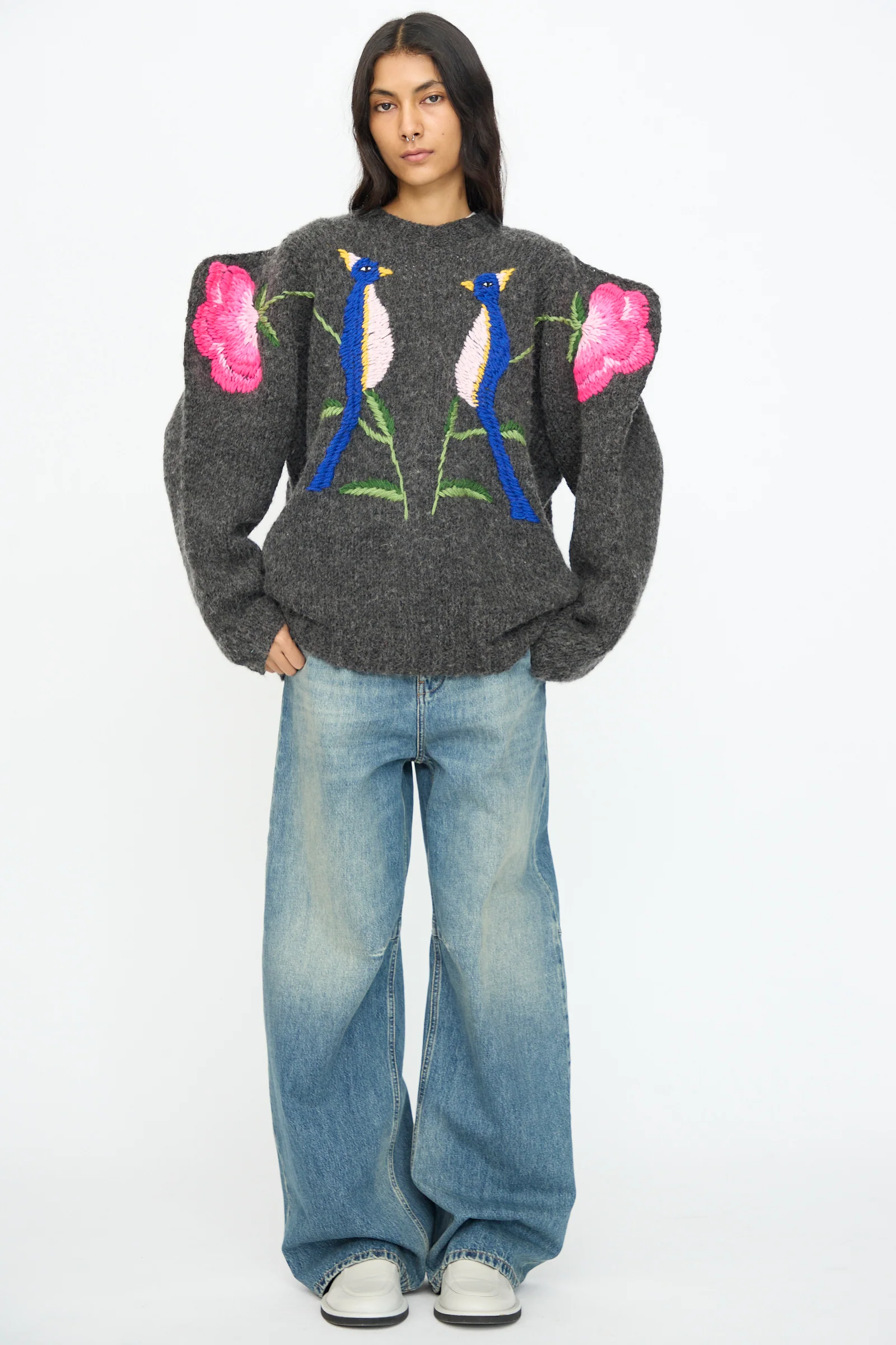 Sweater in Charcoal with Birds and Flowers - Image 5