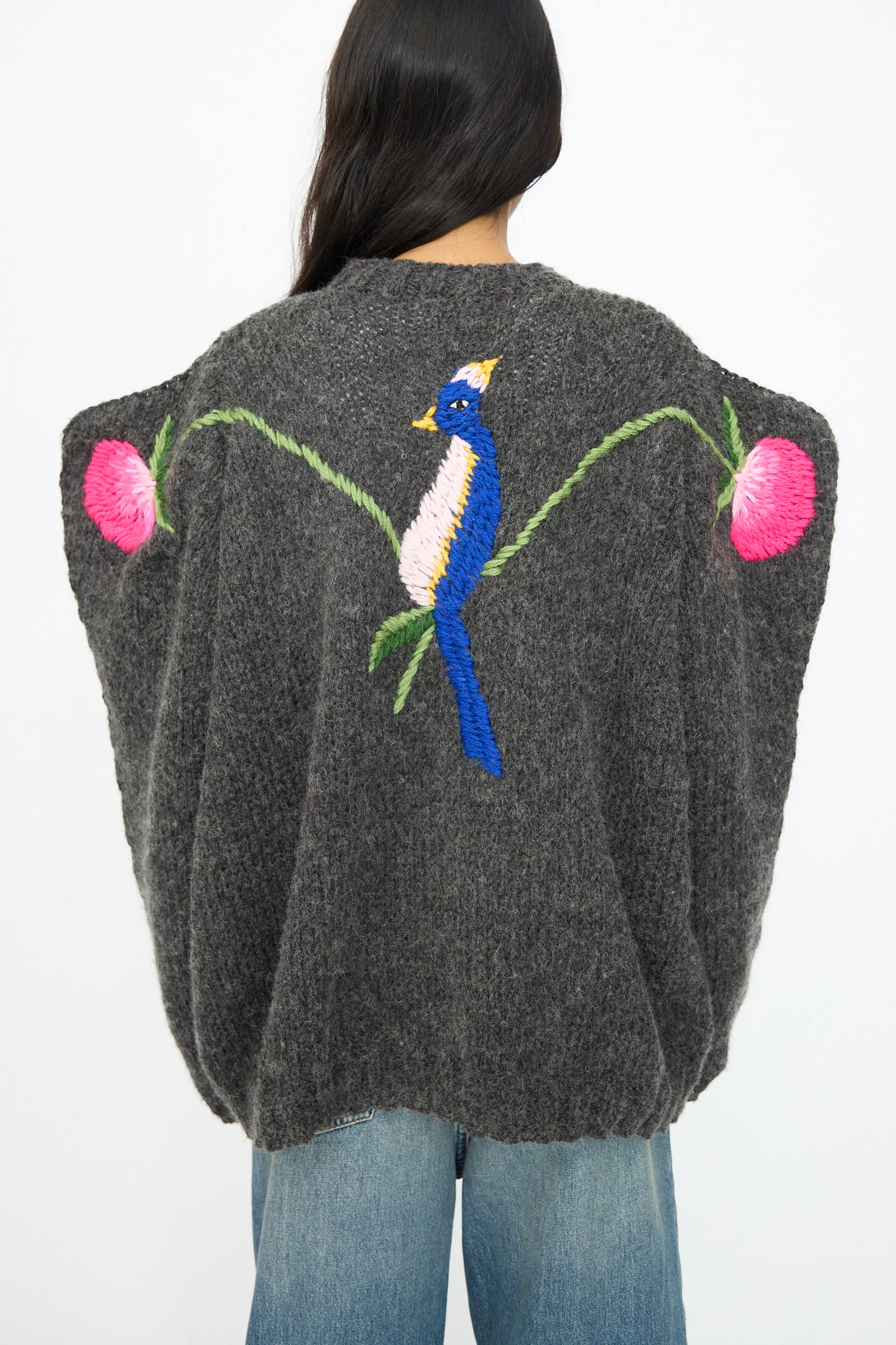 Sweater in Charcoal with Birds and Flowers - Image 6